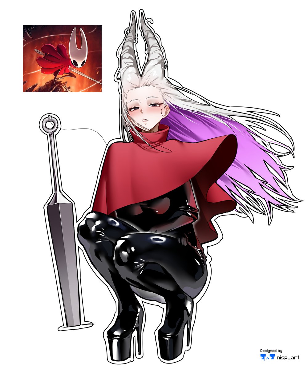 1girls, absurd res, big breasts, blush, bodystocking, bodysuit, breasts, female, female only, grey bodysuit, grey latex, hi res, high heel boots, high heels, hollow knight, hollow knight: silksong, hornet (hollow knight), hornet (hollow knight) (cosplay), horns, humanized, insectoid, knees, latex, latex clothing, latex suit, light skin, light-skinned female, long hair, looking at viewer, multicolored hair, navel, nisp art, no bra, no panties, pink hair, png, poncho, purple eyes, reference image, revealing clothes, skin tight, skinny, skinny waist, solo, standing, stomach, team cherry, thighs, weapon, white background, white hair