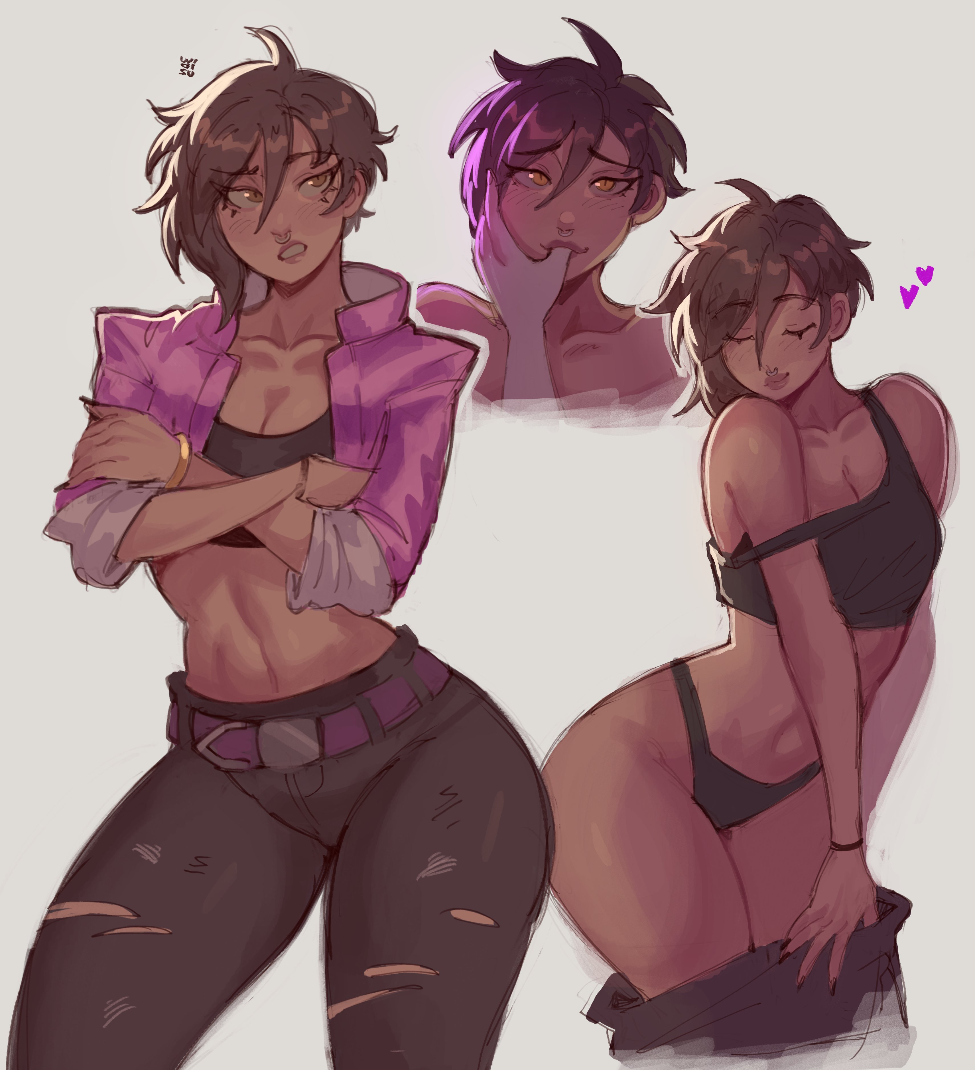 1girls, brown hair, brunette, brunette hair, child bearing hips, dispatch (game), female, female only, finger in mouth, highleg, highleg panties, hip cleavage, hips, invisigal, jacket, midriff, nose piercing, short hair, superheroine, thick thighs, thighs, tomboy, wide hips, widisu