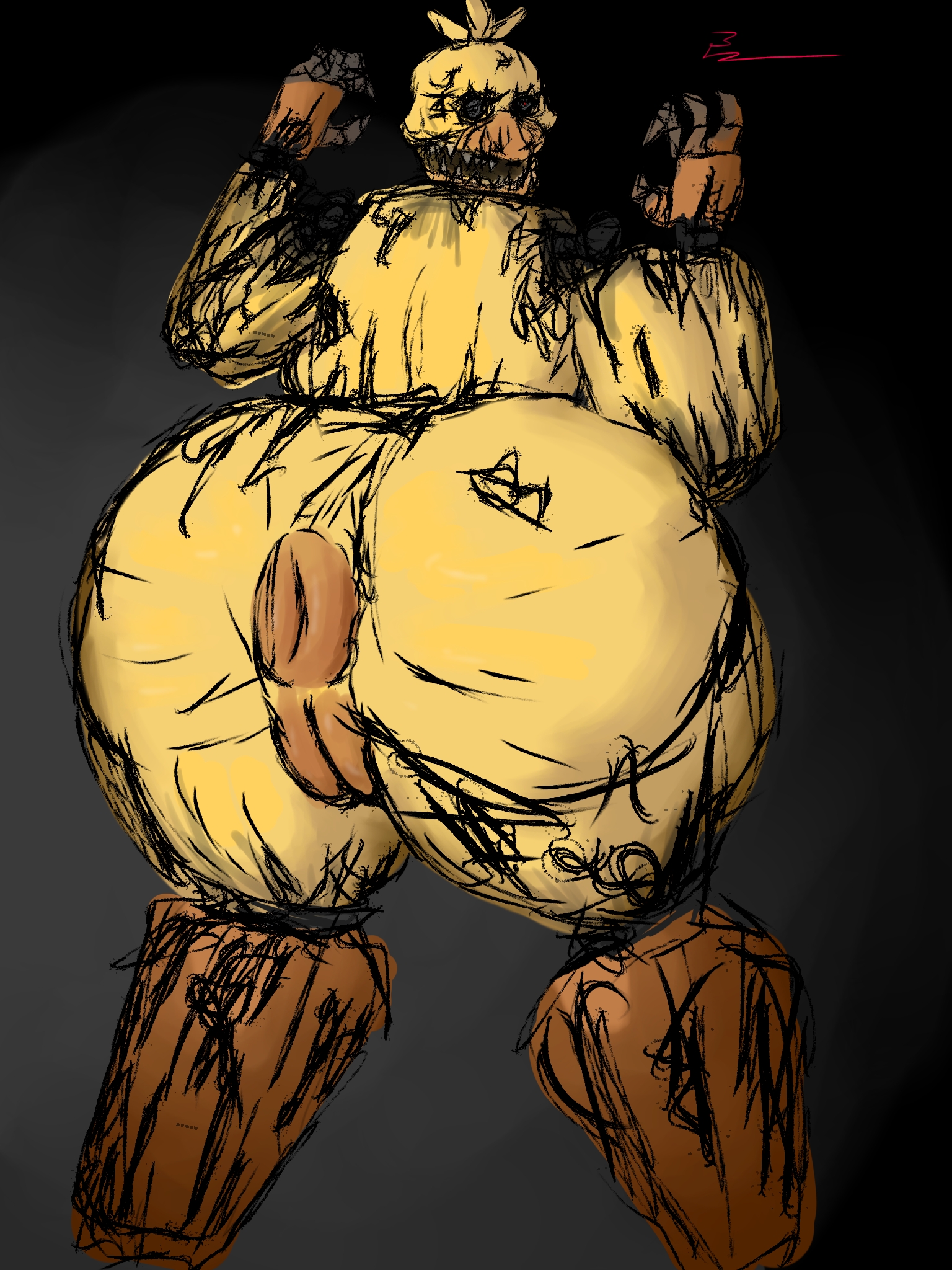 alhuzphy 02, animatronic, animatronic female, back view, behind view, big ass, big breasts, big butt, big pussy, big thighs, chica, digital media (artwork), donut anus, five nights at freddy's, fnaf, nightmare chica (fnaf), no sex, red eyes, solo, yellow body