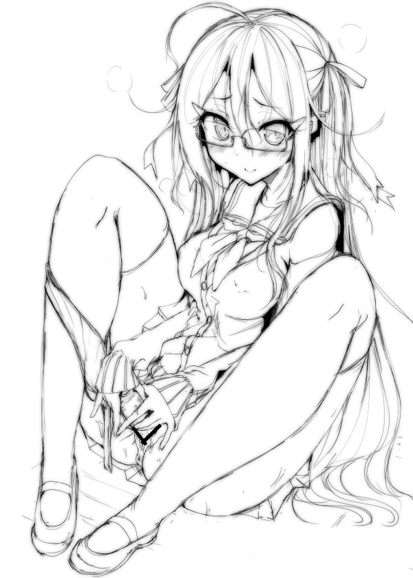 blush copyright_request female glasses greyscale long_hair looking_at_viewer masturbation mokufuu monochrome panties panties_around_leg smile solo underwear