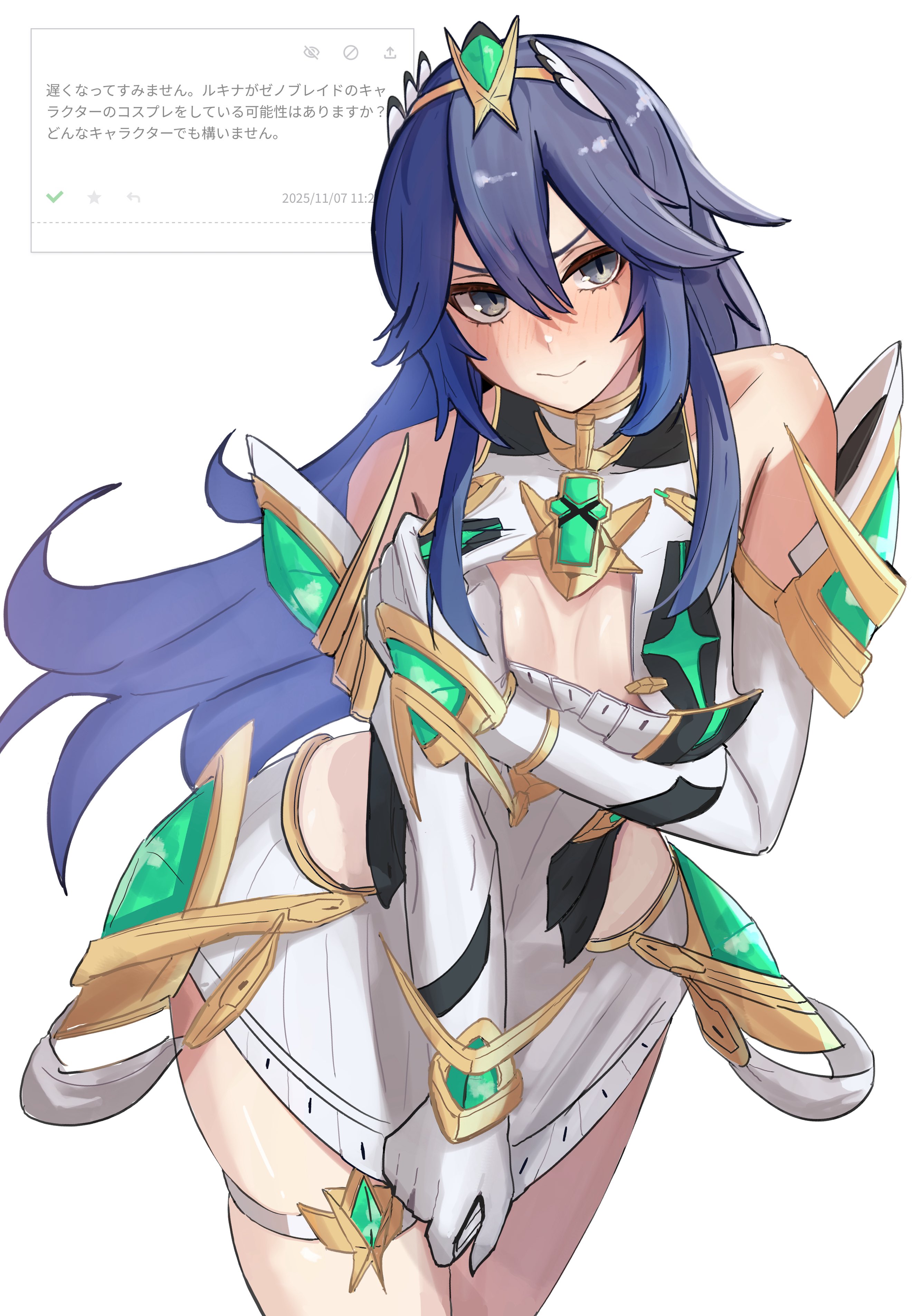 1girls, absurd res, alluring, alternate costume, amausa subee, bare shoulders, blue eyes, blue hair, blush, cleavage cutout, closed mouth, clothing cutout, cosplay, crossover, crossover cosplay, fire emblem, fire emblem awakening, hair between eyes, high res, intelligent systems, long hair, looking at viewer, lucina (fire emblem), medium breasts, mythra (cosplay), nintendo, simple background, translation request, white background, xenoblade (series), xenoblade chronicles 2