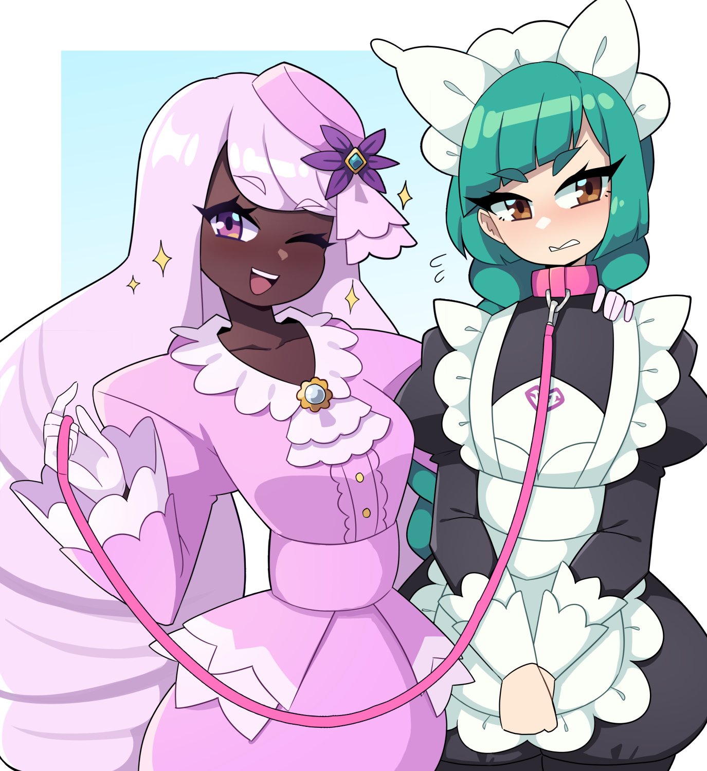 2girls, blush, brown eyes, collar, dark skin, dark-skinned female, dominant female, eyelashes, female, female only, gloves, green hair, hand on shoulder, harujio (pokemon), hi res, j5daigada, jacinthe (pokemon), leash, leash and collar, lebanne (pokemon), lezdom, lezsub, light purple hair, light skin, light-skinned female, long hair, looking at viewer, maid, maid headdress, maid uniform, mistress and servant, nervous, nintendo, pink eyes, pokemon, pokemon legends: z-a, purple hair, smiling, smiling at viewer, sparkles, submissive female, wink, winking at viewer, yukari (pokemon)