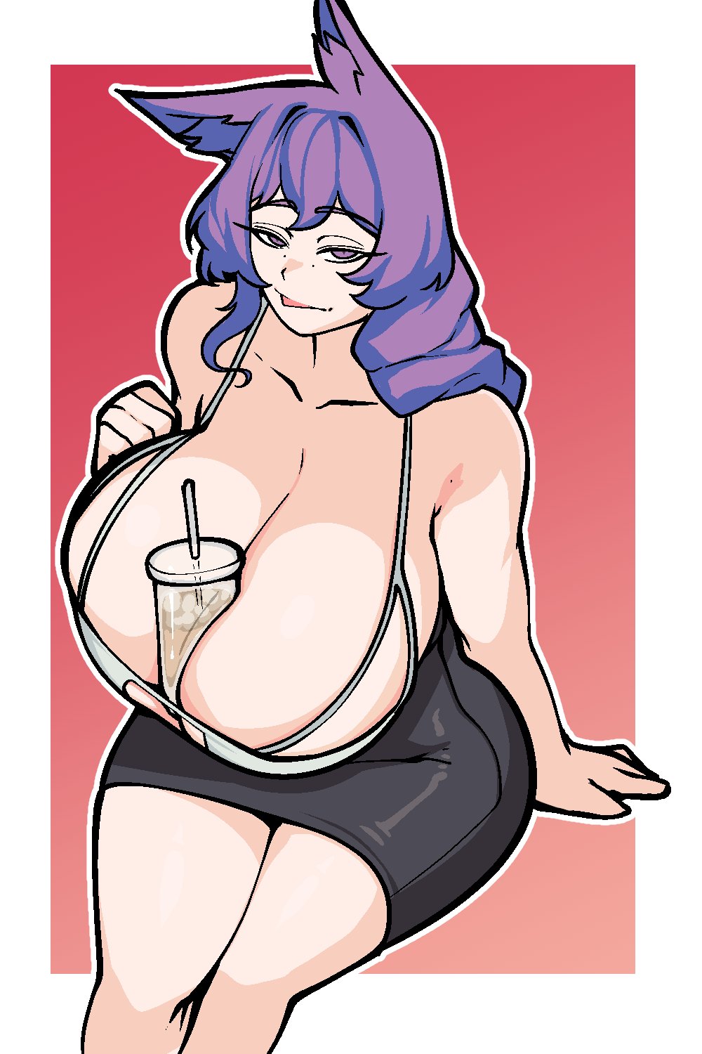 1girls, 5 fingers, aliasing, armpit crease, armpits, bare shoulders, big breasts, biting tongue, black skirt, bra, bra strap, breast support, breastless bra, breasts, breasts together, brothbowl, bulging breasts, bust, busty, clavicle, cleavage, cleavage cutout, crossed legs, curvy, deep cleavage, drinking straw, exposed thighs, eyebrows visible through hair, eyeliner, female, female only, fingers, food, fox ears, fox girl, fox tail, front heavy breasts, gradient background, hourglass figure, huge breasts, iced coffee, jaggy lines, knees, large breasts, lea lumie, leg focus, legs, legs crossed, light skin, light-skinned female, long breasts, long cleavage, long eyelashes, long hair, matching hair/eyes, mature, mature female, narrowed eyes, non-euclidean border, object between breasts, outline, pencil skirt, pink background, pink tongue, purple eyes, purple hair, seductive, seductive eyes, seductive look, sideboob, sitting, skirt, solo, straps, thick lines, thick outline, thick thighs, thighs, thunder thighs, tight skirt, tongue, top, topwear, virtual youtuber, white outline