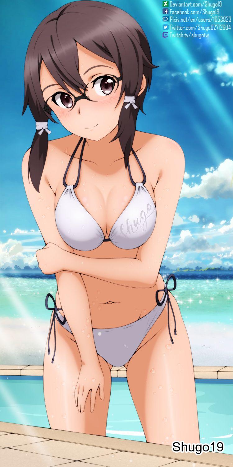 1girls, 2d, 2d (artwork), 2d artwork, asada shino, bare arms, bare belly, bare chest, bare hands, bare hips, bare legs, bare midriff, bare navel, bare shoulders, bare skin, bare thighs, belly, belly button, bikini, bikini bottom, bikini only, bikini top, blue sky, breasts, brown eyebrows, brown eyes, brown hair, brown-eyed female, brown-haired female, cleavage, closed mouth smile, clouds, collarbone, curvaceous, curvaceous body, curvaceous female, curvaceous figure, curvaceous hips, curvaceous teen, curvy, curvy body, curvy female, curvy figure, curvy hips, curvy teen, day, daylight, daytime, digital, digital art, digital drawing, digital drawing (artwork), digital media, digital media (artwork), elbows, exposed arms, exposed belly, exposed chest, exposed hips, exposed legs, exposed midriff, exposed navel, exposed shoulders, exposed skin, exposed thighs, female, female focus, female only, fingers, glasses, glasses on face, glasses on head, groin, hair between eyes, half naked, half nude, halterneck, hand on arm, hand on leg, hand on own arm, hand on own leg, hand on own thigh, hand on thigh, head tilt, high resolution, high school student, highres, hourglass figure, inguinal crease, inguinal ligament, lean figure, long hair, looking at viewer, medium breasts, midriff, naked, naked female, naked woman, narrow waist, navel, nude, nude female, nudity, outdoor, outdoor nudity, outdoors, outside, petite, petite body, petite breasts, petite female, petite girl, petite tits, pool, poolside, school girl, semi nude, semi-rimless glasses, shoulders, shugo19, side-tie bikini, sidelocks, sinon, sky, slender body, slender waist, slim waist, smile, smiley face, smiling, smiling at viewer, smirk, solo, standing, string bikini, swimsuit, swimwear, sword art online, teen girl, teenage girl, teenager, thigh gap, thighs, tilted head, upper body, white bikini, white bikini bottom, white bikini top, white string bikini, white swimsuit, white swimwear, wide hips, young female, young woman