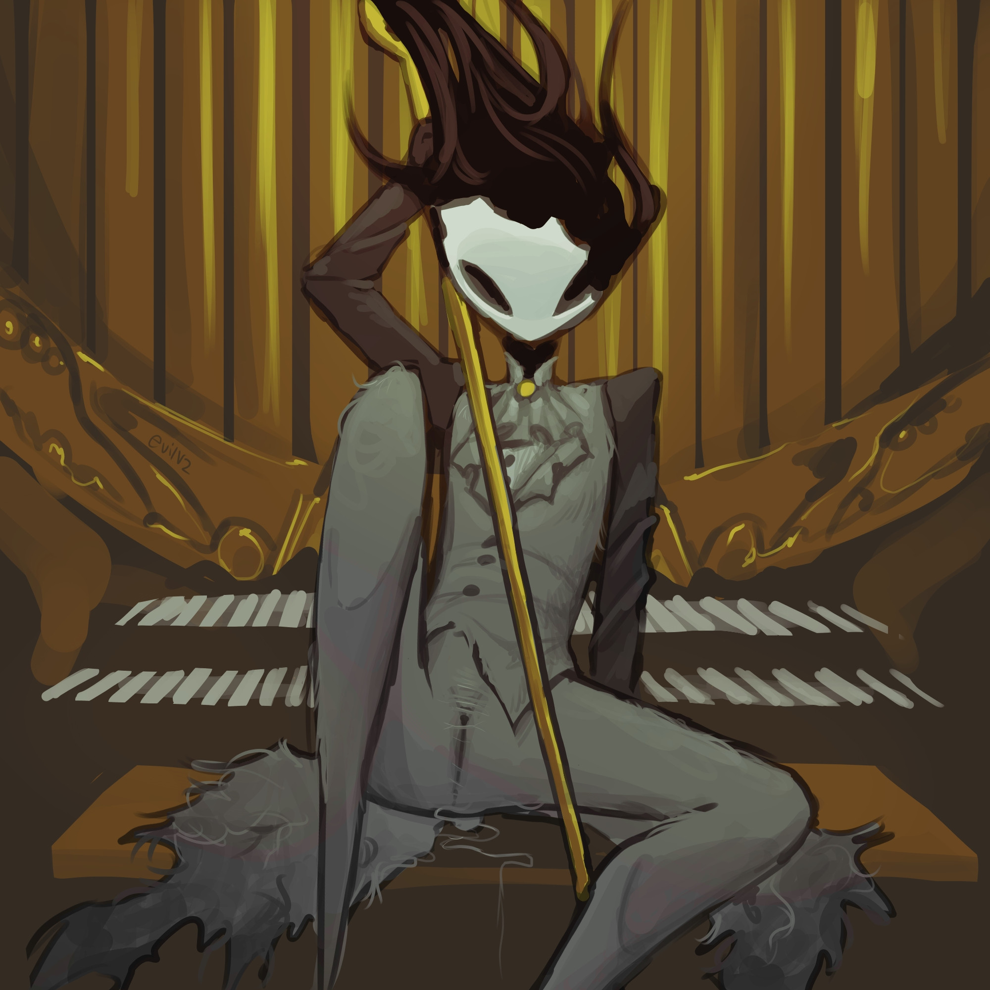 background, black hair, bottomless, evilv2, flat chest, formal wear, fur, grey body, holding weapon, hollow knight, hollow knight (franchise), hollow knight: silksong, inviting, musical instrument, phantom (hollow knight), presenting pussy, pussy, sitting, slit, solo, spread legs, unusual pussy, white mask