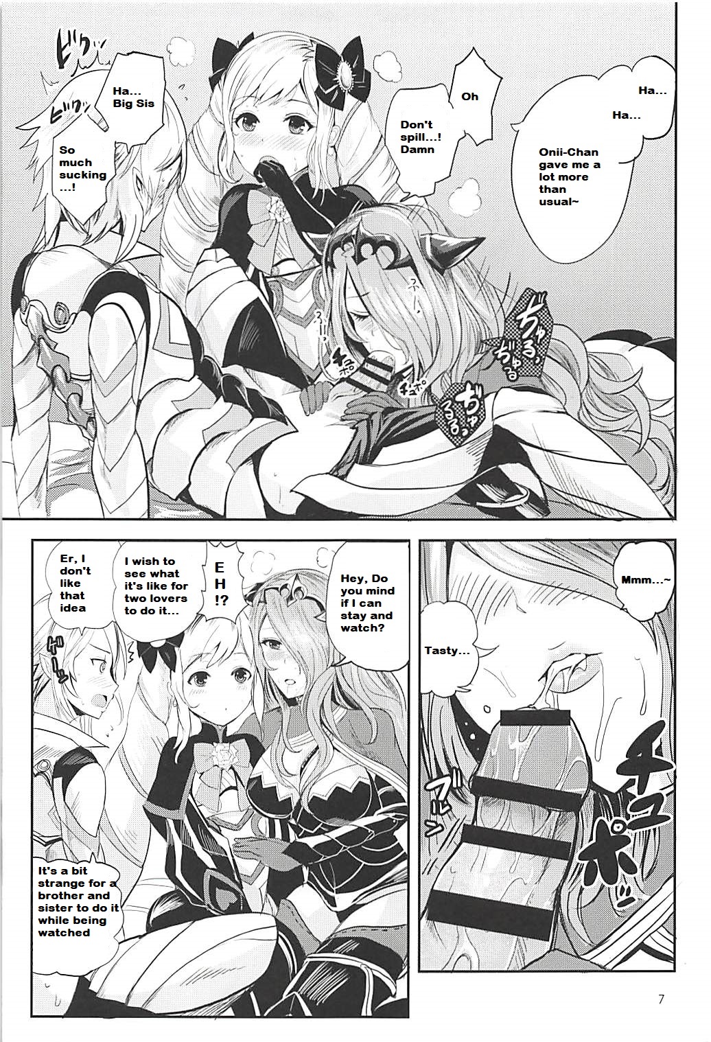 bar_censor camilla_(fire_emblem) censored corrin_(fire_emblem) corrin_(fire_emblem)_(male) cum cum_in_mouth doujin drill_hair elise_(fire_emblem) english_text fellatio fire_emblem fire_emblem_fates monochrome oral page_7 peter_mitsuru pinpoint translated unofficial_translation