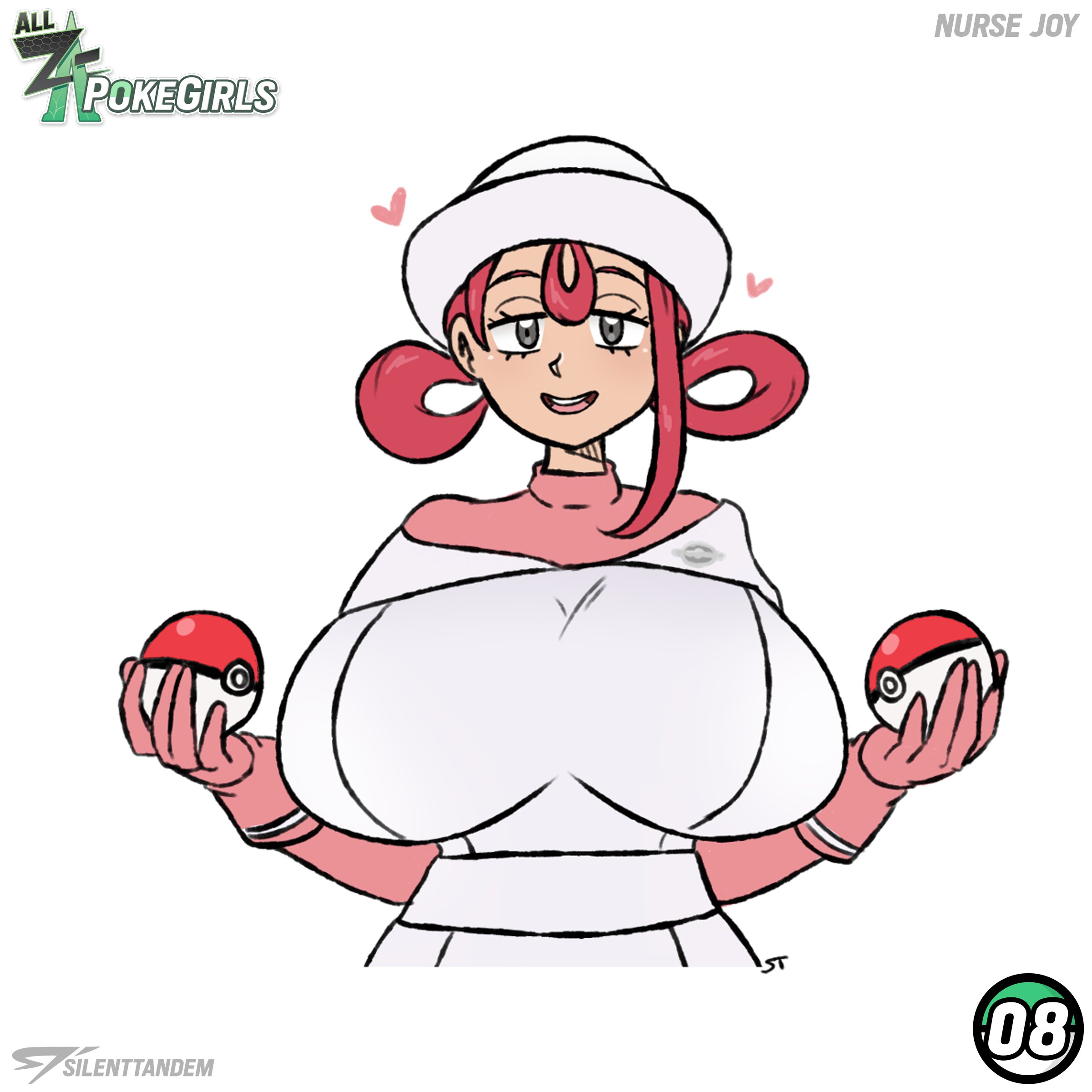 1girls, artist name, big breasts, breasts, female, female only, game freak, grey eyes, hat, heart, holding, huge breasts, joi (pokemon legends: z-a), joi (pokemon), looking at viewer, nintendo, nurse, nurse joy, nurse joy (pokemon legends: z-a), pink hair, pokemon, pokemon legends: z-a, silenttandem, smile, solo, white background
