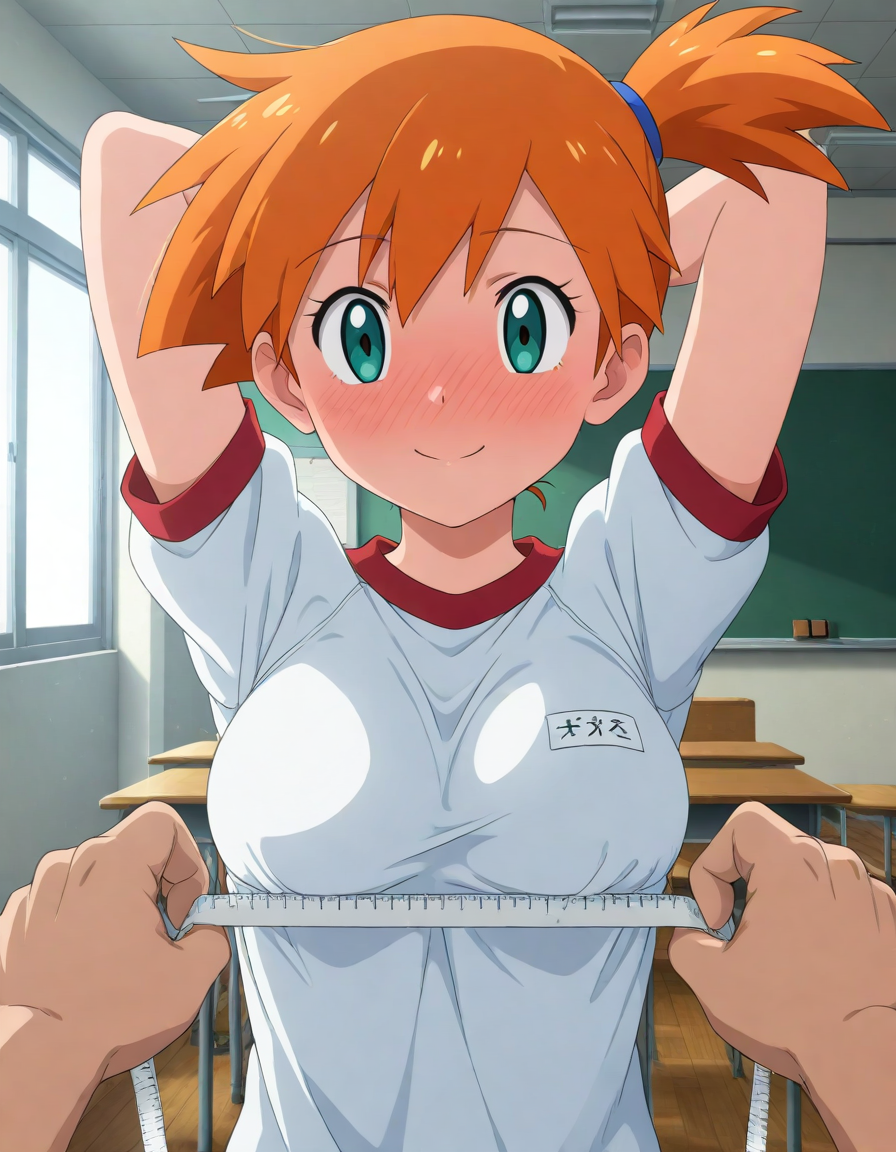 1boy, 1other, ai generated, alternative bust size, arm, arms behind head, arms up, asymmetrical hair, blush, breasts, chair, chalkboard, classroom, closed mouth, clothing, day, desk, eyelashes, female, green eyes, gym shirt, gym uniform, hair tie, hands up, holding, indoors, kasumi (pokemon), looking at viewer, male, measuring, medium breasts, name tag, orange hair, pokemon, pokemon character, ponytail, pov hands, school, school chair, school desk, shirt, short hair, short sleeves, side ponytail, smile, solo focus, sports uniform, sportswear, t-shirt, tape measure, tied hair, uniform, white shirt, window