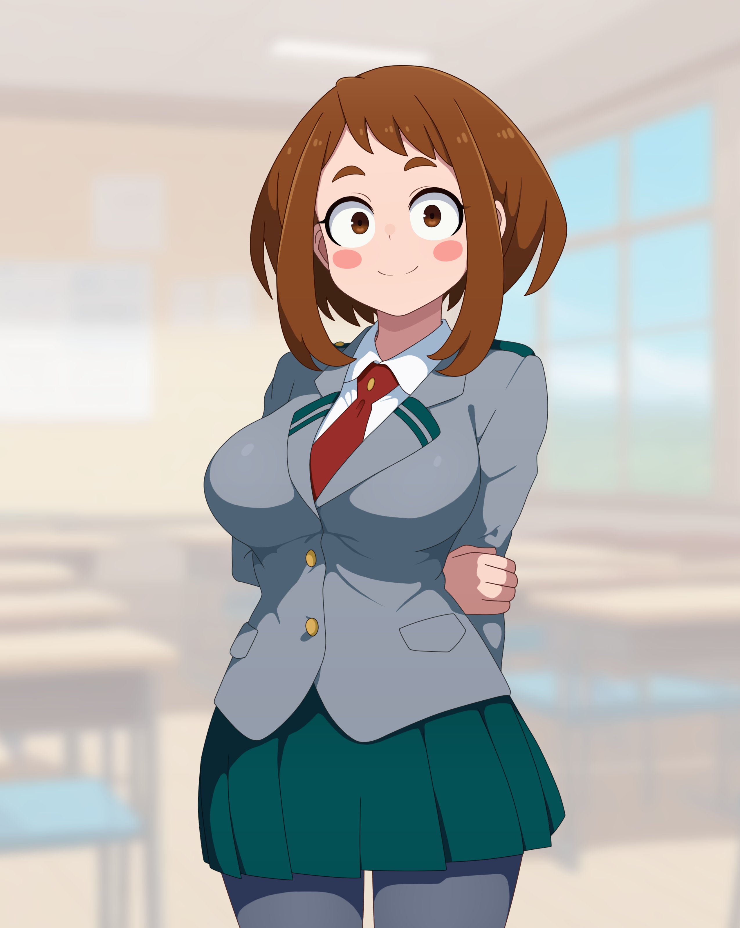 ?, ??, 1girls, 1other, absurdres, ai assisted, ambiguous gender, blush stickers, boku no hero academia, breasts, brown eyes, brown hair, brown-haired female, classroom, collared shirt, english commentary, female, grey jacket, guilegaze, highres, indoors, jacket, looking at viewer, my hero academia, navel, necktie, ochako uraraka, pantyhose, pleated skirt, red necktie, school, school uniform, shirt, short hair, skirt, smile, solo focus, teenager, u.a. school uniform, uraraka ochako, white shirt, x-ray phone