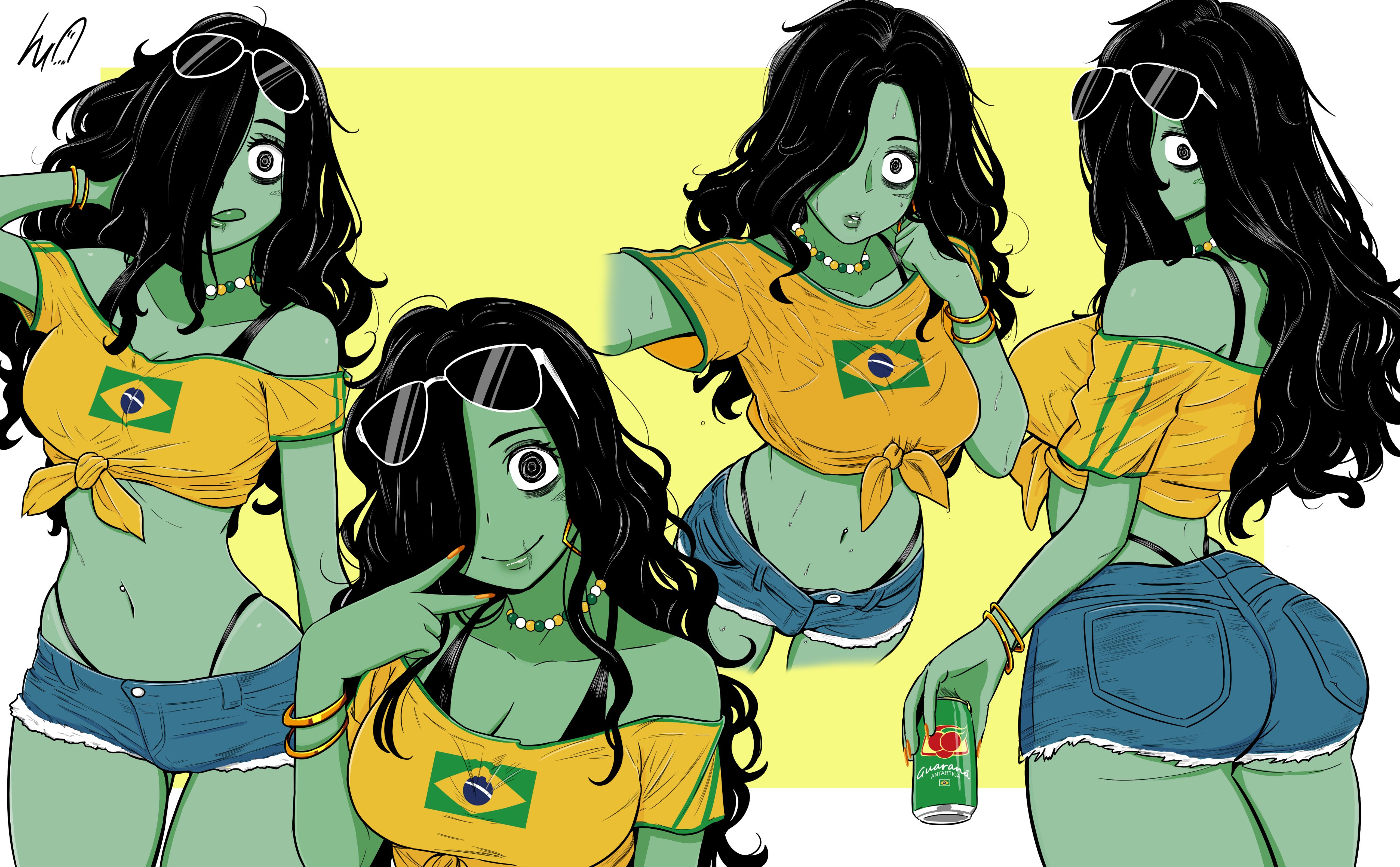 absurdres, alternate skin color, artist logo, ass, bags under eyes, bead necklace, beads, bikini, bikini under clothes, black bikini, black eyes, black hair, border, bracelet, brazilian flag, brazilian flag print, brazilian miku (cosplay), brazilian sadako, breasts, can, colored skin, commentary, cosplay, cowboy shot, crop top, cropped legs, denim, denim shorts, earrings, english commentary, eyewear on head, female, flag print, ghost, ghost girl, gold bracelet, gold earrings, green skin, green trim, grey skin, guarana antarctica, hair over one eye, highres, holding, holding can, jewelry, logo, long hair, lowleg, lowleg shorts, lughost, messy hair, midriff, multiple bracelets, multiple views, navel, navel piercing, necklace, pale skin, piercing, print shirt, ringed eyes, shirt, short shorts, shorts, signature, sunglasses, swimsuit, the ring, tied shirt, tongue, tongue out, vocaloid, white border, white-framed eyewear, yamamura sadako, yellow background, yellow shirt