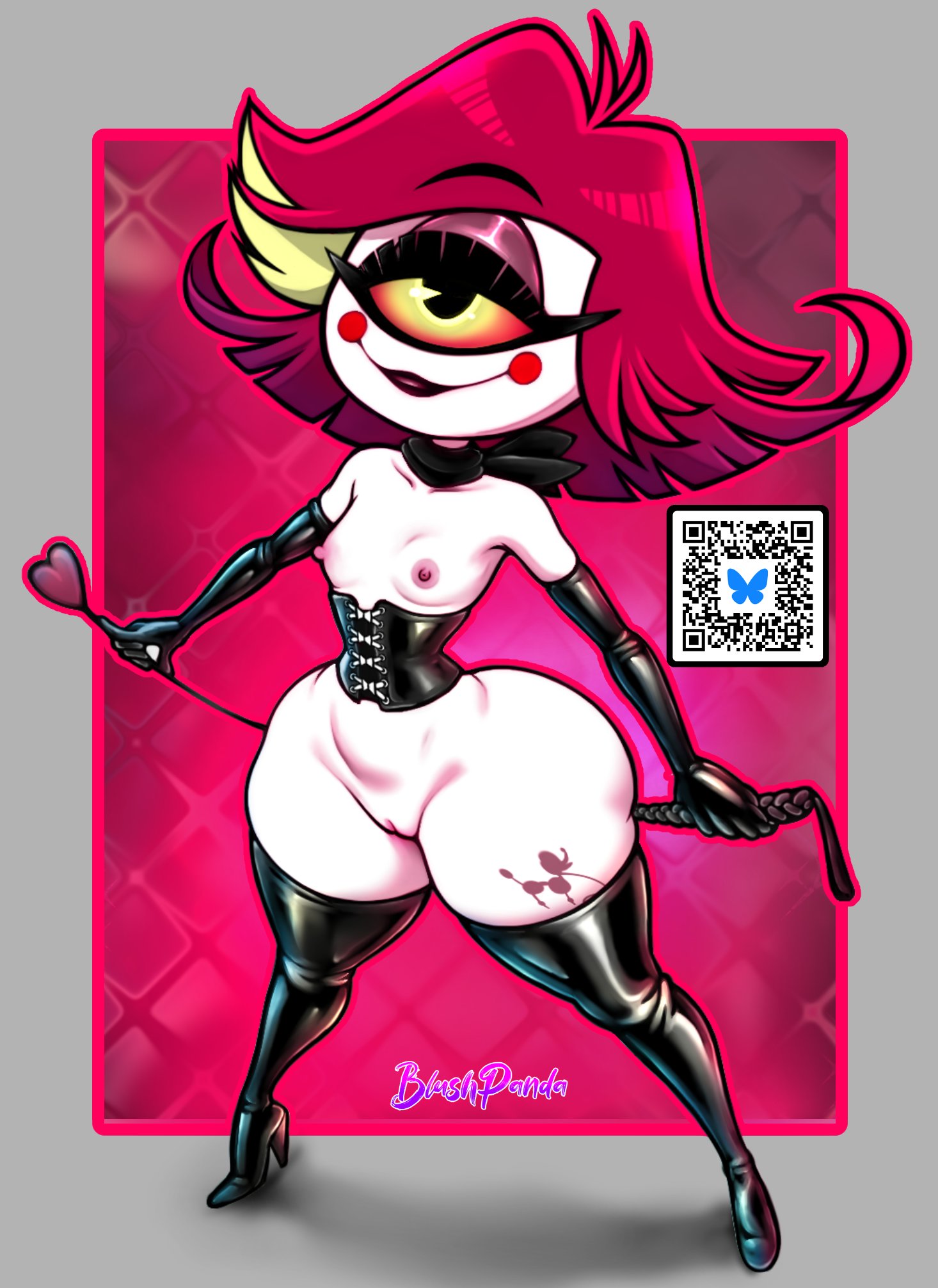 1 eye, 1girls, alternate version available, areolae, armwear, black corset, black eyes, black gloves, black thighhighs, blushpanda, boots, bottomless, breasts, corset, elbow gloves, female, female only, footwear, full body, gloves, hair, half-closed eyes, hazbin hotel, heels, high heel boots, high heels, hips, holding object, holding weapon, latex, latex clothing, latex gloves, latex thighhighs, niffty, nipples, orange sclera, pussy, red hair, short hair, shortstack, small breasts, smile, solo, solo female, tattoo, tattoo on thigh, thick thighs, thighhighs, thighs, topless, vagina, weapon, white body, white skin, wide hips
