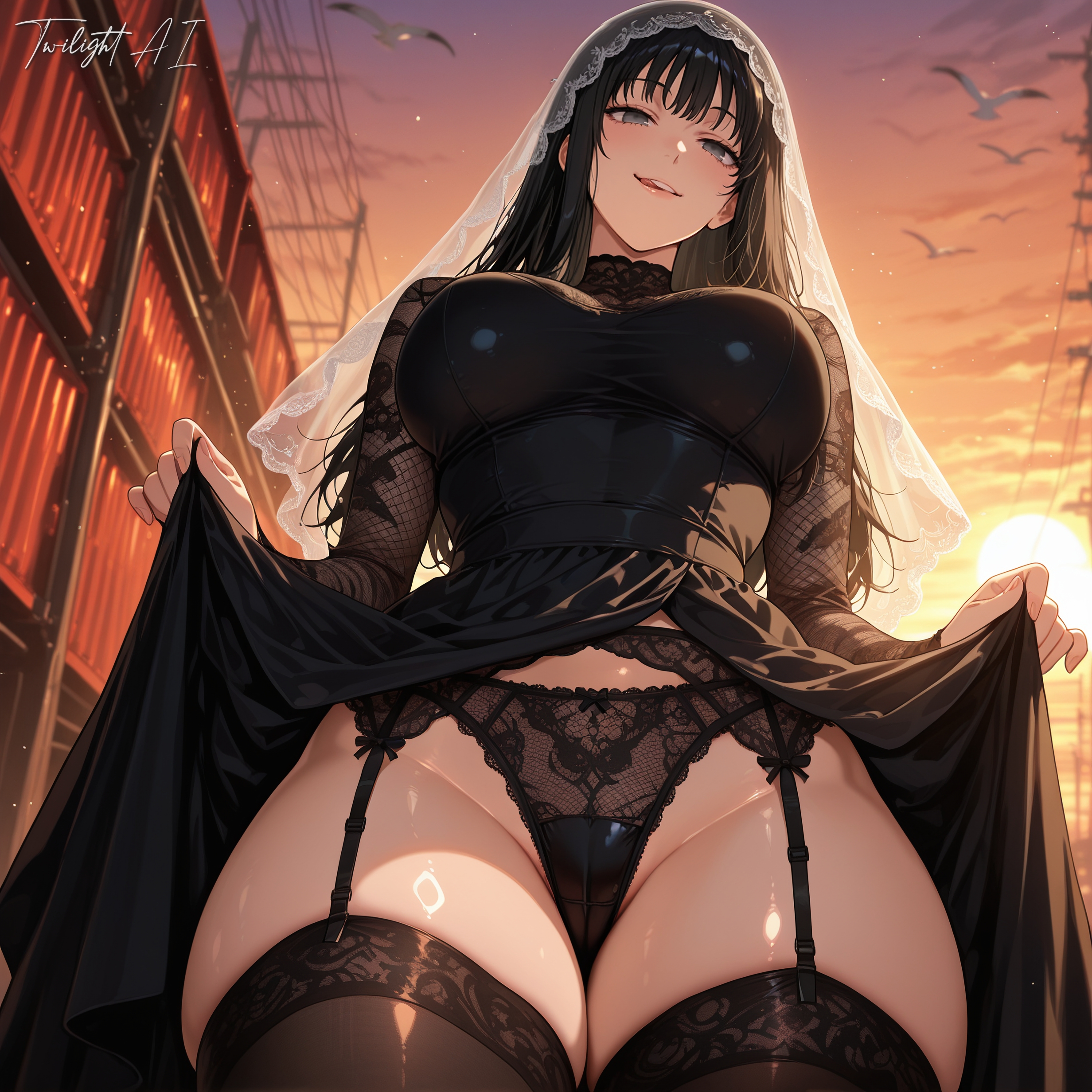 ai generated, artist name, bird, black dress, black hair, black panties, black thighhighs, blush, breasts, building, cameltoe, clothes lift, curvy, dress, dress lift, evening, female, from below, garter belt, grey eyes, lace, lace panties, lace trim, lace-trimmed panties, large breasts, lifted by self, lingerie, long hair, long sleeves, looking at viewer, more at source, orange sky, osaragi (sakamoto days), outdoors, panties, patreon username, sakamoto days, see-through, sexy, signature, skindentation, skirt lift, sky, smile, solo, sunset, thicc, thicc thighs, thick thighs, thighhighs, thighs, twilightai, underwear, veil