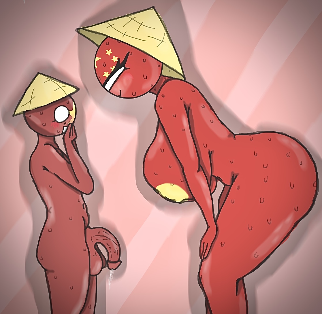 1boy, 1girls, asian, asian female, asian male, big ass, big breasts, bigger female, blush, china (countryhumans), completely nude, countryhumans, countryhumans girl, covering mouth, deiuocount, embarrassed, female, hat, leaking cum, leaking precum, looking at breasts, male, male/female, partners, red skin, shadow, shiny skin, smiling, staring at partner, tagme, taller female, vietnam (countryhumans), wet, yellow nipples