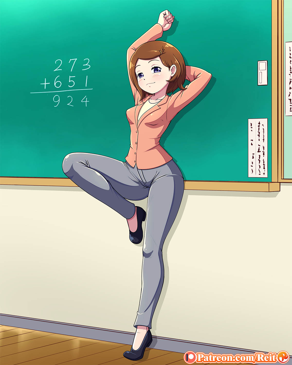 against wall, arm up, breasts, brown hair, cleavage, clothed, female, female only, human, looking at viewer, miss kobayashi's dragon maid, pants, patreon, reit, school, shirt, shoes, short hair, smile, stretching, teacher, text, url, watermark