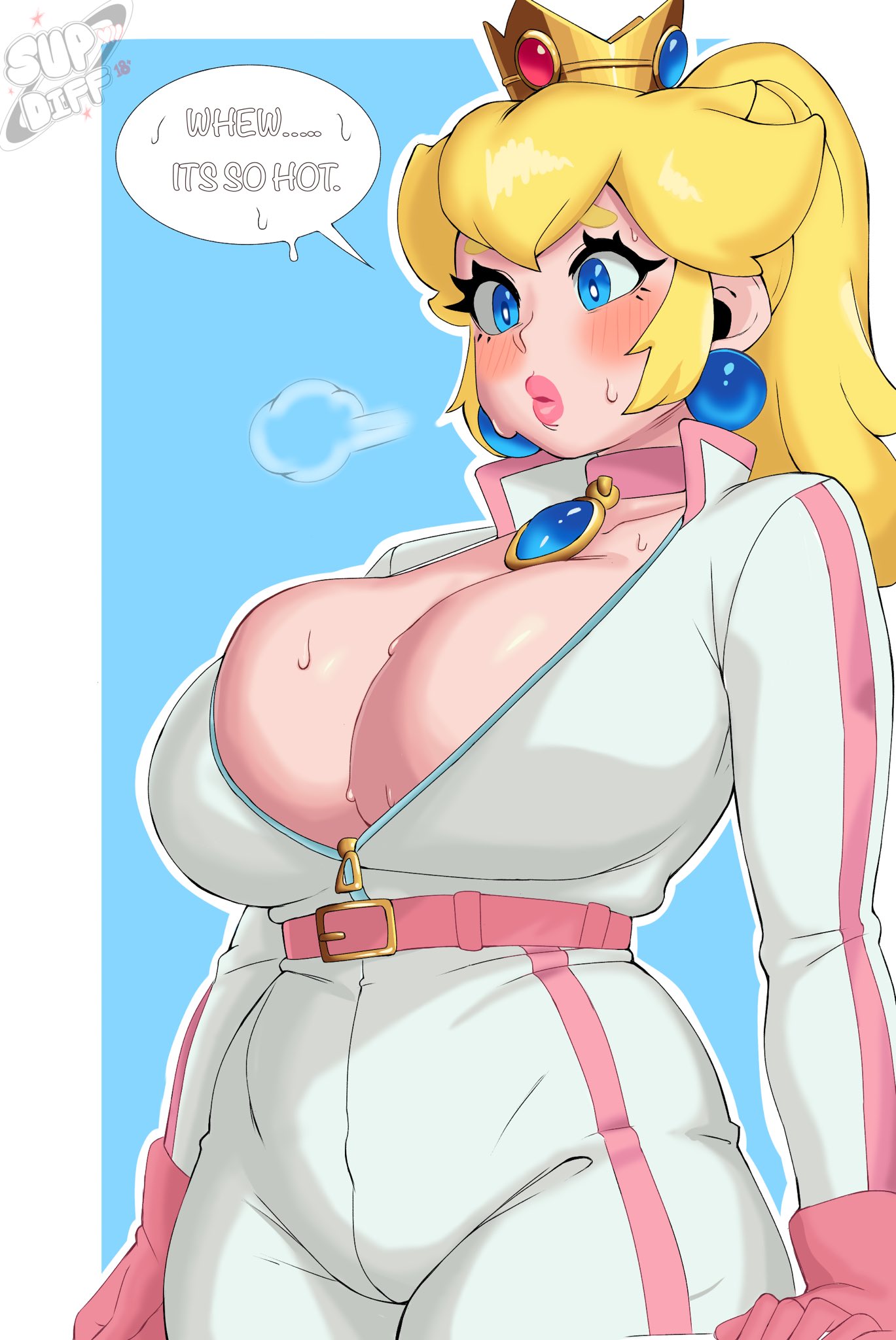 1girl, big breasts, biker clothes, bikesuit, blonde hair, blue eyes, blush, breasts, cleavage, crown, curvy, english text, female, female only, gloves, huge breasts, jewelry, lips, long hair, mario (series), mario kart, nintendo, princess peach, princess peach (aero), speech bubble, supdiff, sweat