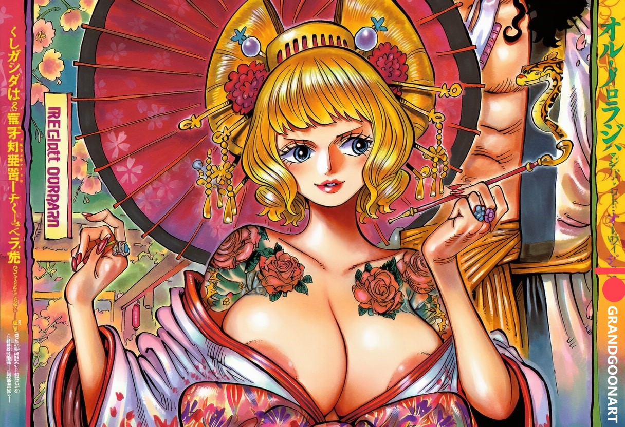 1boy, 1girls, accurate art style, ai generated, areola, areola slip, areolae, back view, black hair, black-haired male, blonde hair, blonde-haired female, boobs bigger than head, breasts, clothing, female, female focus, geisha, grandgoonart, irezumi, japanese clothes, japanese text, kimono, male, manga, manga page, manga style, massive breasts, oiran, one piece, patreon, rob lucci, rose tattoo, shoulder tattoo, sideboob, solo, solo female, solo focus, stussy (one piece), tattoo