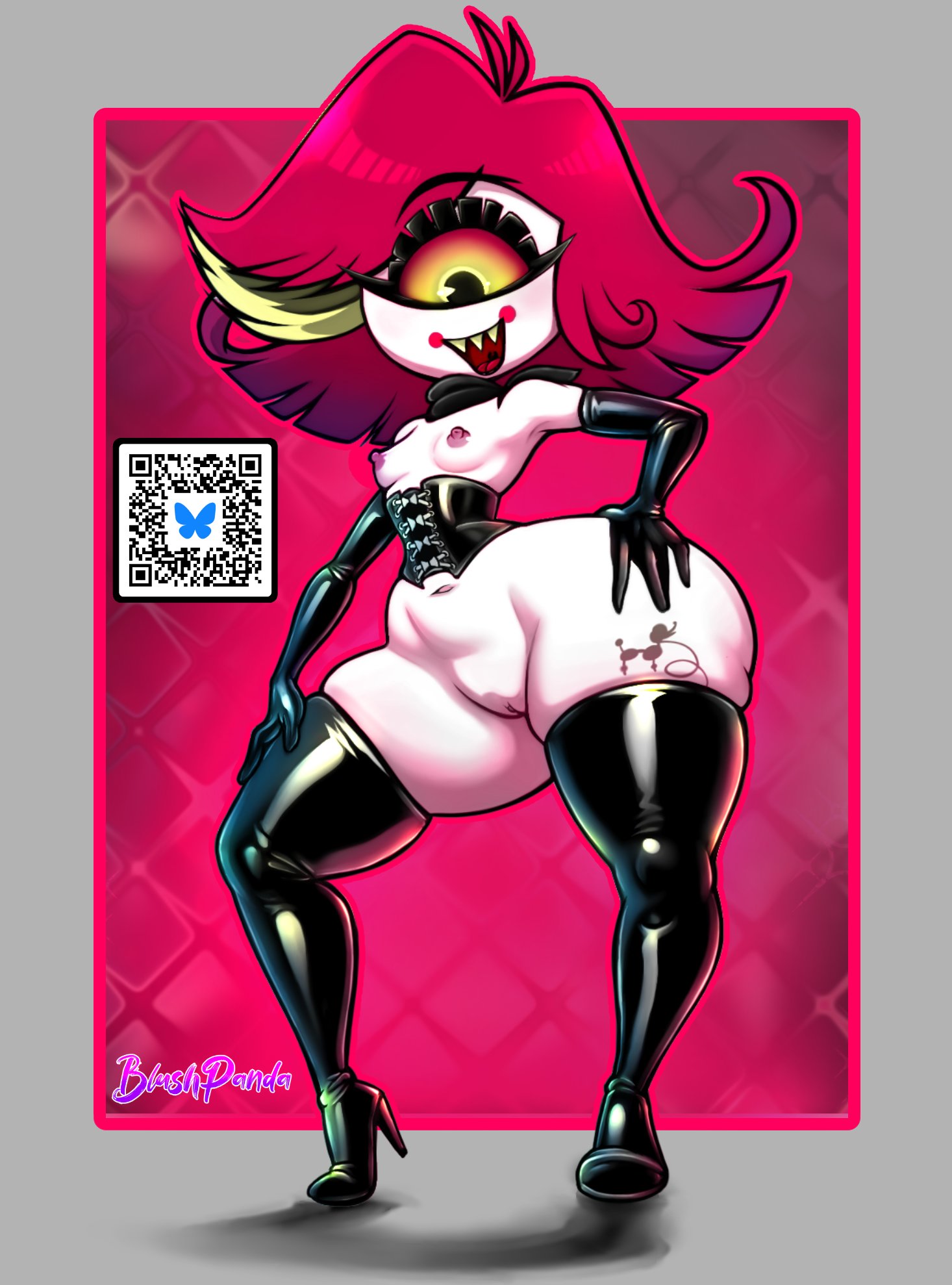 1 eye, 1girls, alternate version available, areolae, armwear, big ass, black corset, black eyes, black gloves, black thighhighs, blushpanda, boots, bottomless, breasts, corset, elbow gloves, fangs, female, female only, footwear, full body, gloves, hand on hip, hazbin hotel, heels, high heel boots, high heels, hips, latex, latex clothing, latex gloves, latex thighhighs, niffty, nipples, orange sclera, pussy, red hair, short hair, shortstack, small breasts, smile, solo, solo female, tattoo, tattoo on thigh, thick thighs, thighhighs, thighs, topless, vagina, white body, white skin, wide hips