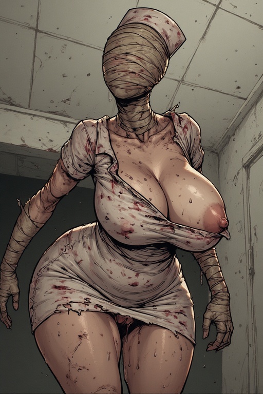 ai generated, bandage on face, big breasts, blood stain, nurse (silent hill), one breast out, perchance ai, silent hill
