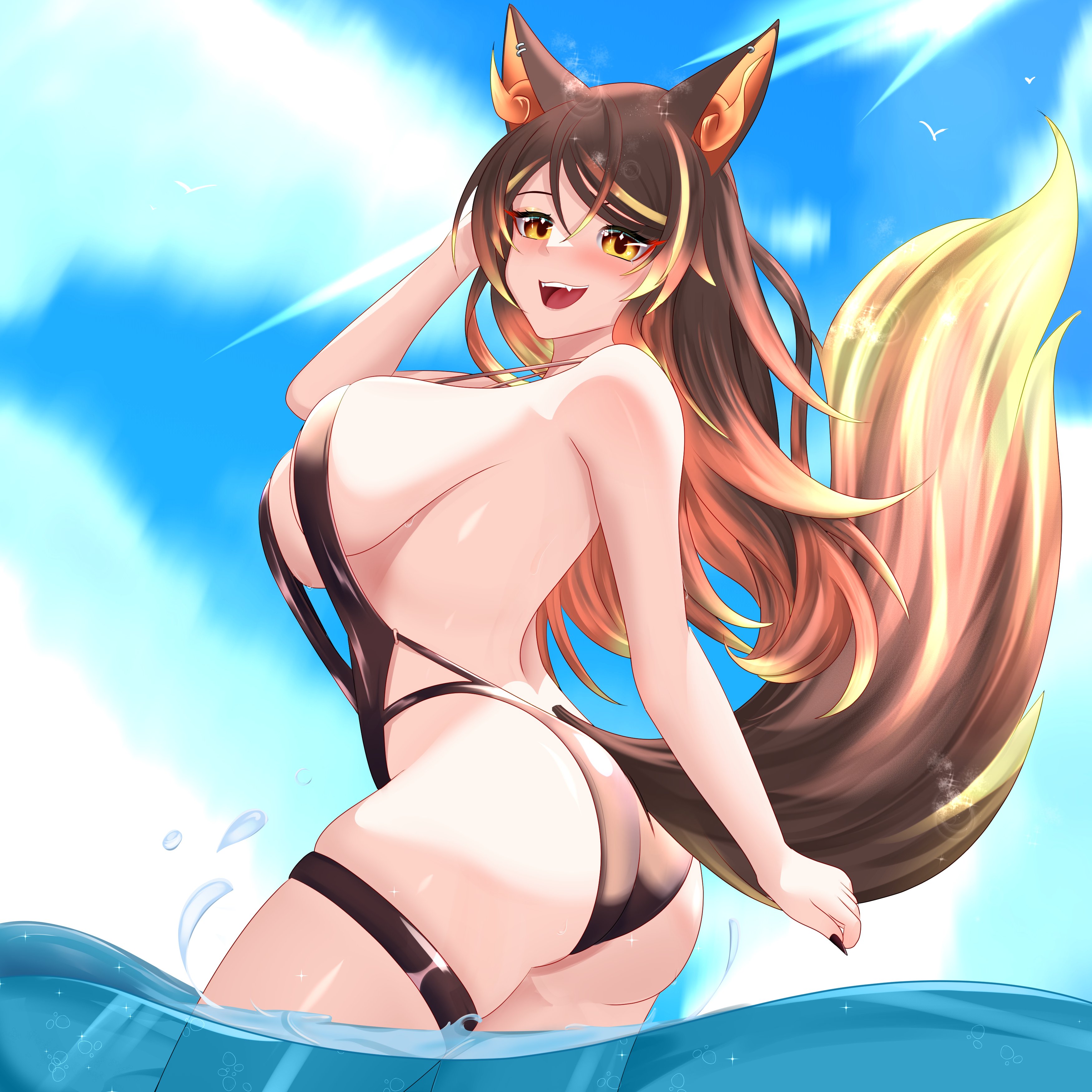 animal ears, ass, indie virtual youtuber, looking at viewer, looking back, sinder (vtuber), swimsuit, virtual youtuber