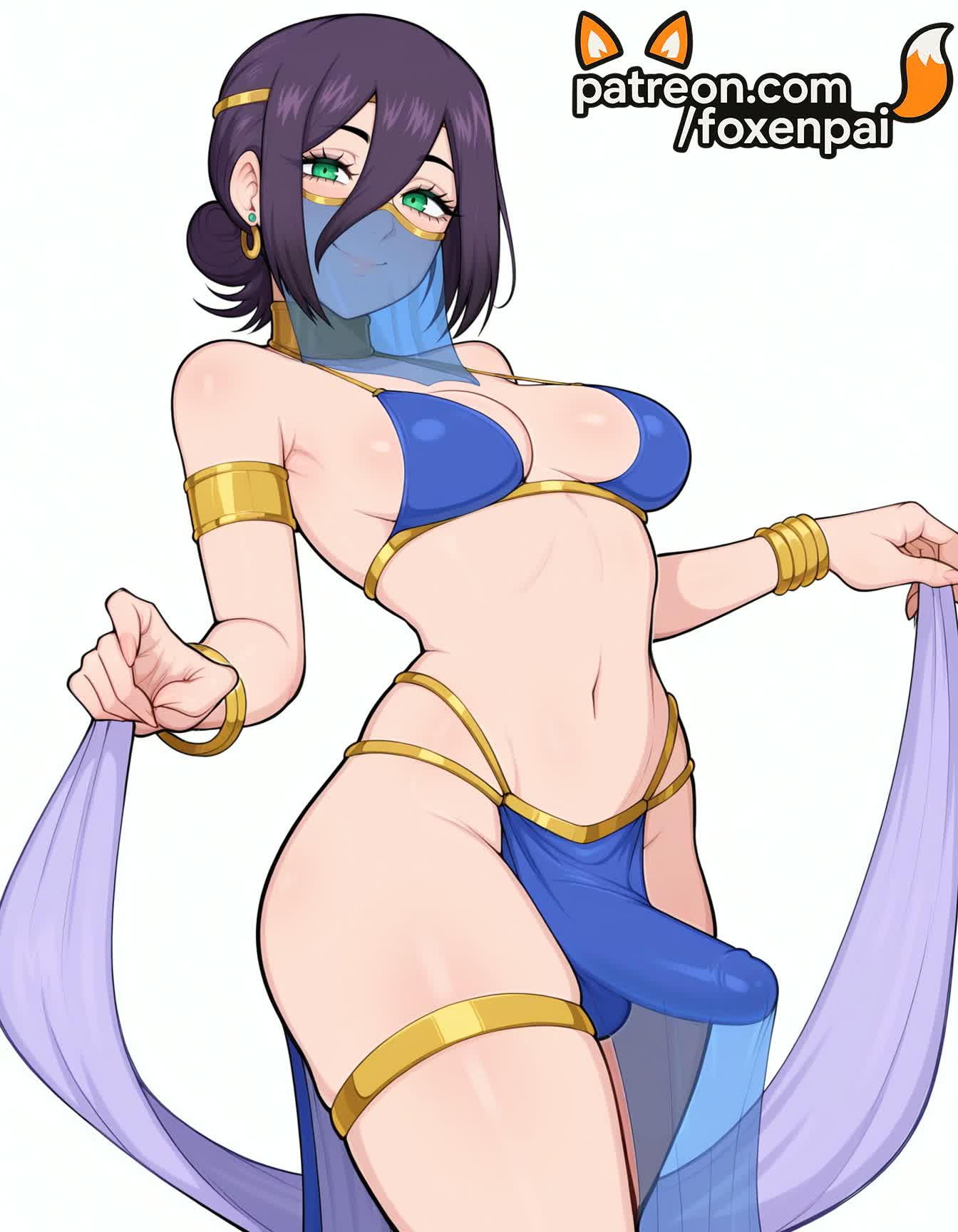1futa, 2025, ai generated, armlet, artist name, blush, bracelet, breasts, bulge, bust, chainsaw man, chest, dancer, earrings, foxenpai, futanari, green eyes, hair between eyes, hi res, high quality, high resolution, highres, jewelry, mouth veil, navel, patreon, patreon username, pelvic curtain, reze (chainsaw man), solo, stable diffusion, watermark