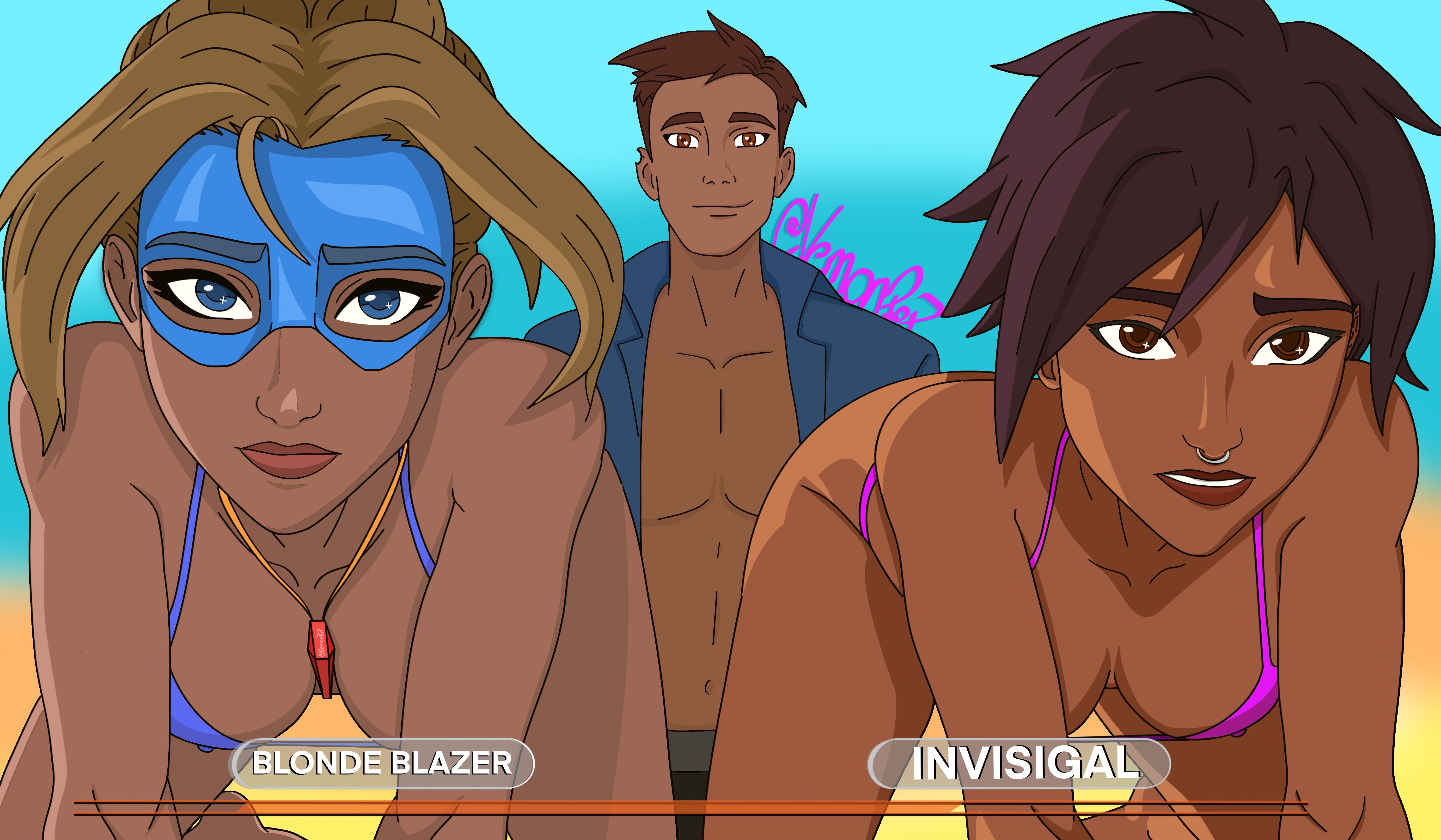 bent over, bikini, blonde blazer, choose, dispatch (game), female, ffm threesome, invisigal, male, multiple girls, nose piercing, robert robertson, roblox man face, take your pick