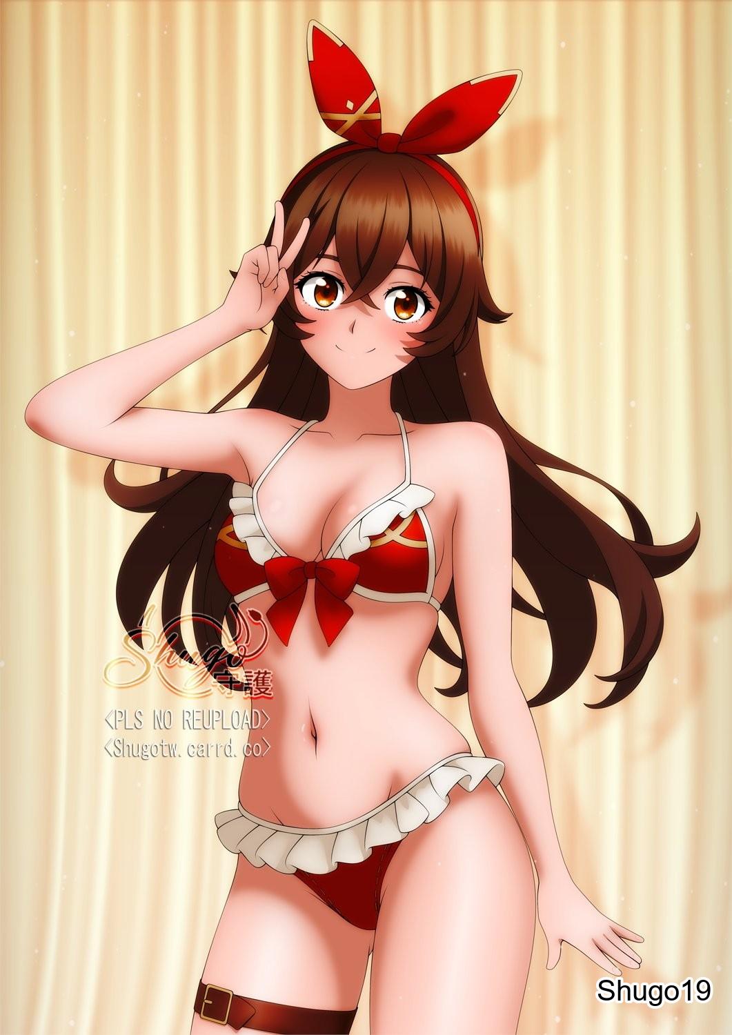 1girls, 2d, 2d (artwork), 2d artwork, amber (genshin impact), arm up, bare armpits, bare arms, bare belly, bare chest, bare hands, bare hips, bare legs, bare midriff, bare navel, bare shoulders, bare skin, bare thighs, belly, belly button, bikini, bikini bottom, bikini only, bikini top, breasts, brown eyebrows, brown hair, brown-haired female, cleavage, closed mouth smile, collarbone, curvaceous, curvaceous body, curvaceous female, curvaceous figure, curvaceous hips, curvy, curvy body, curvy female, curvy figure, curvy hips, digital, digital art, digital drawing, digital drawing (artwork), digital media, digital media (artwork), elbows, exposed armpits, exposed arms, exposed belly, exposed chest, exposed hips, exposed legs, exposed midriff, exposed navel, exposed shoulders, exposed skin, exposed thighs, female, female focus, female only, fingers, frilled bikini, frilled bikini bottom, frilled bikini top, genshin impact, groin, hair between eyes, hair ribbon, hair tie, hairband, half naked, half nude, halterneck, hand up, high resolution, highres, hourglass figure, inguinal crease, inguinal ligament, lean figure, long hair, midriff, naked, naked female, naked woman, narrow waist, navel, nude, nude female, nudity, orange eyes, orange-eyed female, parted bangs, peace sign, petite, petite body, petite breasts, petite female, petite girl, petite tits, red bikini, red bikini bottom, red bikini top, red hair ribbon, red hair tie, red hairband, red ribbon, red string bikini, red swimsuit, red swimwear, ribbon, semi nude, shoulders, shugo19, sign, simple background, slender body, slender waist, slim waist, small breasts, smile, smiley face, smiling, smiling at viewer, smirk, solo, standing, stomach, string bikini, swimsuit, swimwear, thick thighs, thigh gap, thighband, thighs, upper body, v, v sign, white background, wide hips
