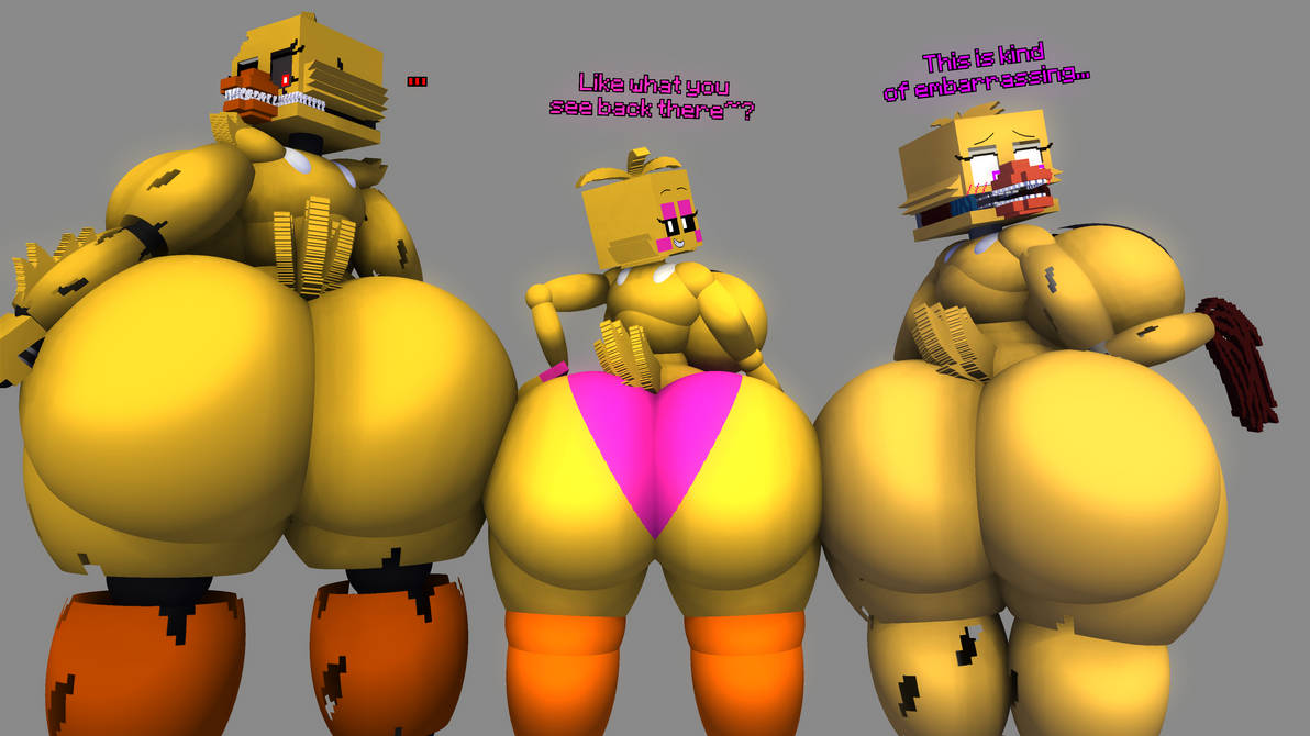 3d, ass, ass focus, big ass, dialogue, female only, five nights at freddy's, five nights at freddy's 4, looking at viewer, looking back at viewer, minecraft, nightmare chica (fnaf), sospoo, toy chica (fnaf), withered chica