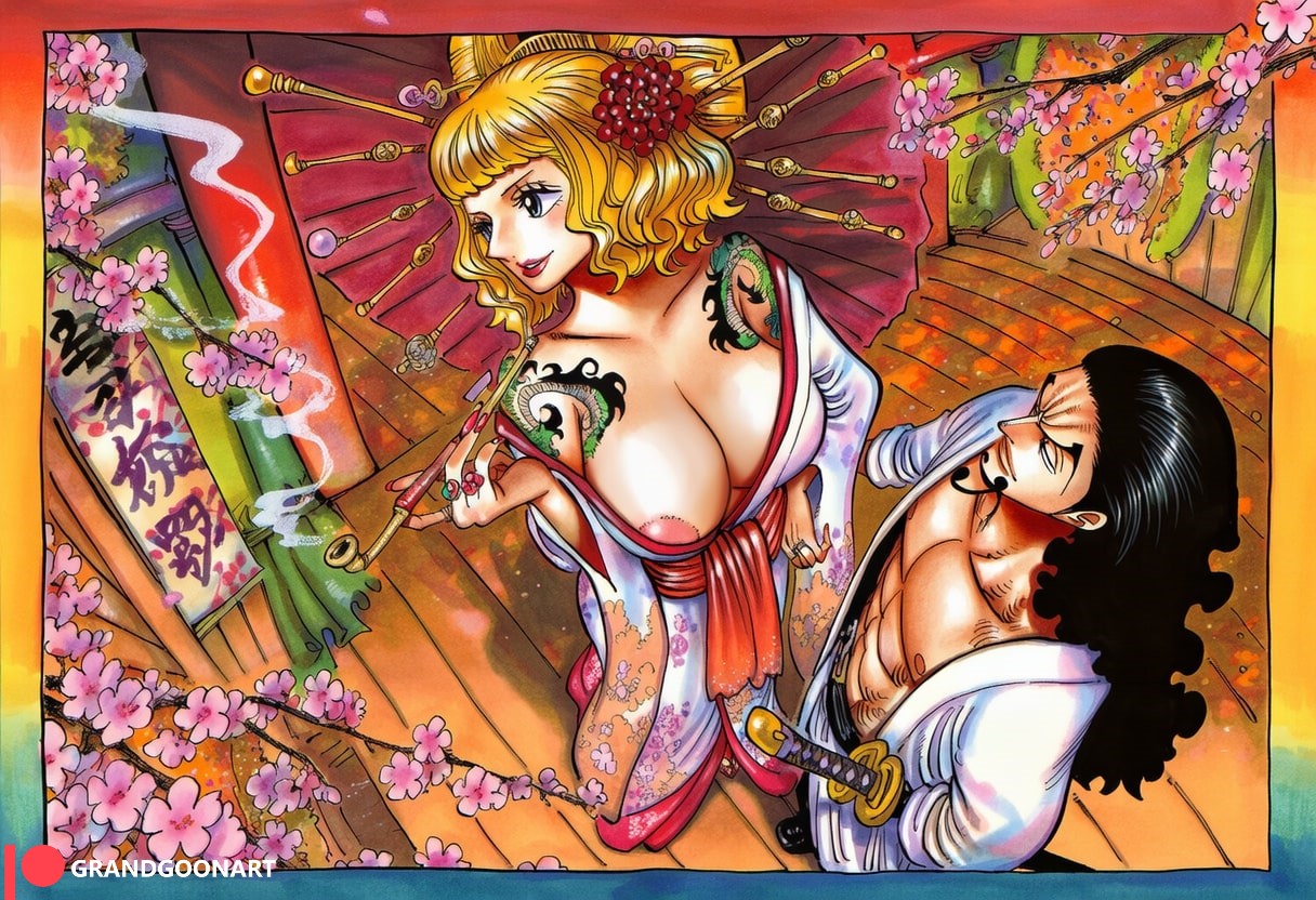 1boy, 1girls, abs, accurate art style, ai generated, areola, areola slip, areolae, back view, black hair, black-haired male, blonde hair, blonde-haired female, boobs bigger than head, breasts, dragon tattoo, female, geisha, grandgoonart, irezumi, japanese clothes, japanese text, kimono, male, manga, manga page, manga style, massive breasts, oiran, one piece, patreon, rob lucci, shoulder tattoo, sideboob, solo, solo female, solo focus, stussy (one piece), tattoo
