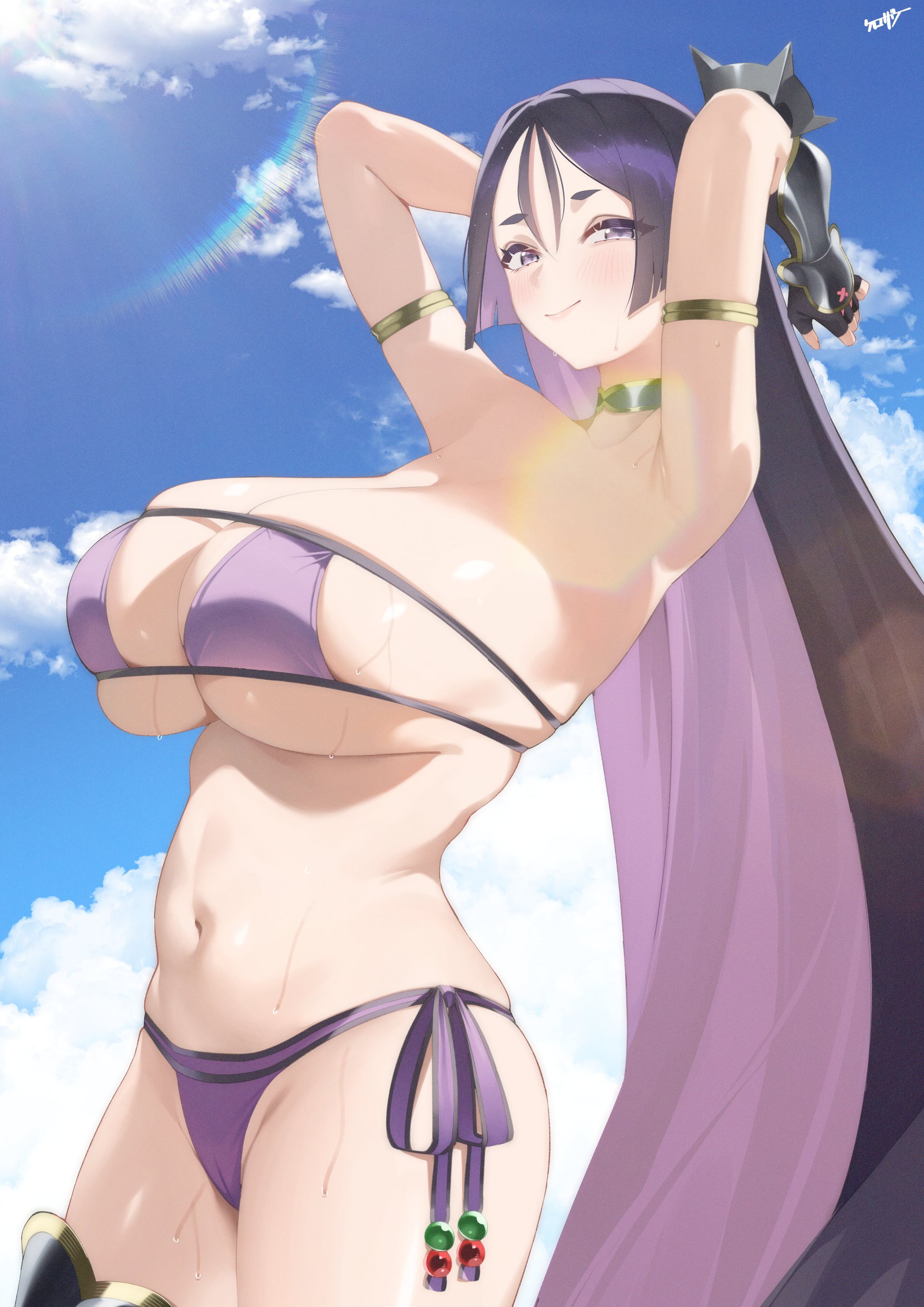1girls, arm strap, arms behind head, armwear, big breasts, bikini, bikini bottom, bikini top, blush, bottomwear, breasts, cleavage, eyepatch bikini, fate (series), fate/grand order, female, female only, hair, huge breasts, kurozawa yui, large breasts, long hair, mature, mature female, mature woman, milf, minamoto no raikou (fate/grand order), minamoto no raikou (swimsuit lancer), neckwear, purple bikini, purple eyes, purple hair, smile, solo, solo female, sweat, sweatdrop, swimwear, topwear