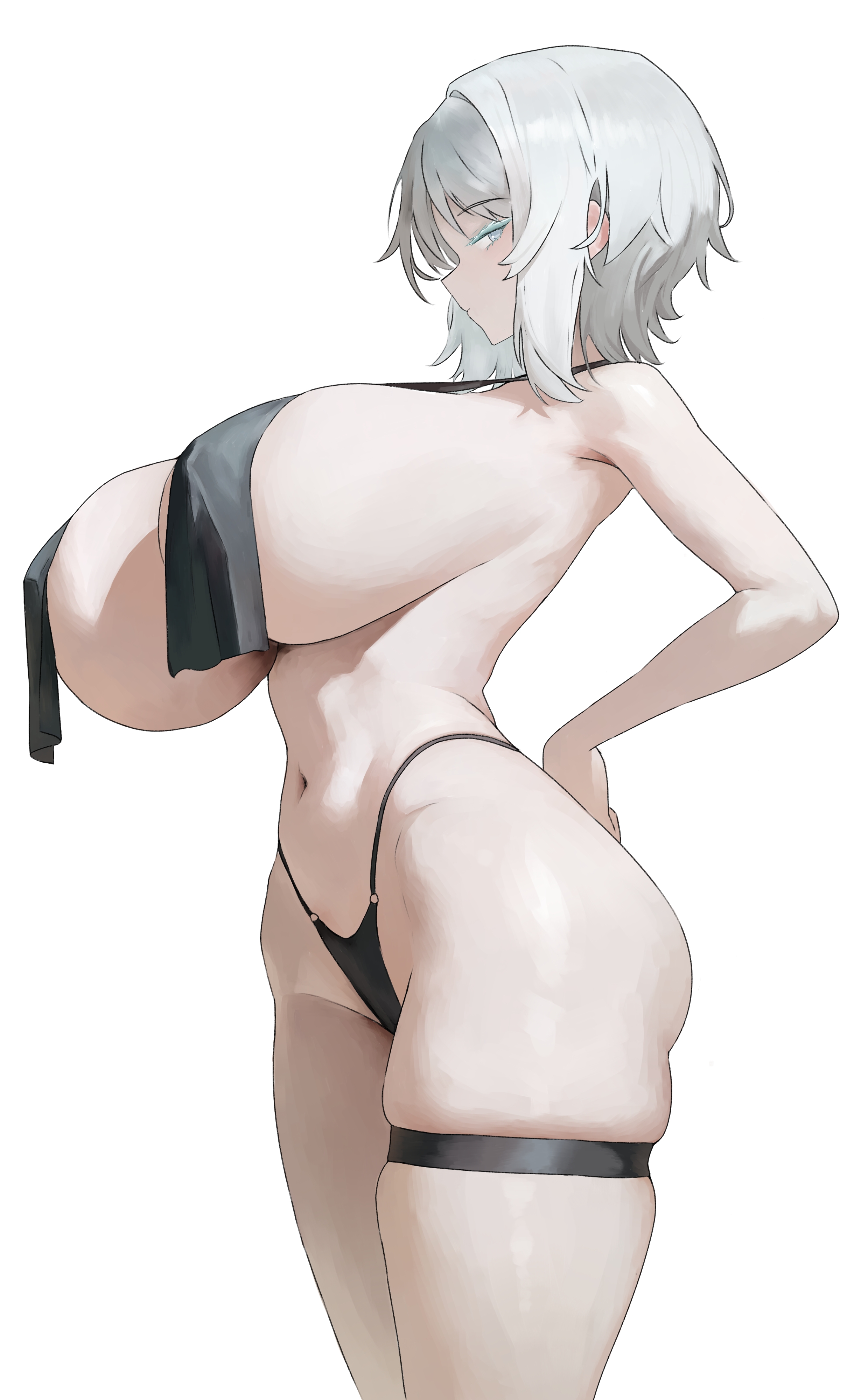 1girls, 3blue, blue eyes, breasts, faust (limbus company), female, female only, huge breasts, limbus company, looking at viewer, pale skin, pale-skinned female, panties, project moon, short hair, simple background, solo, swimsuit, white background, white hair