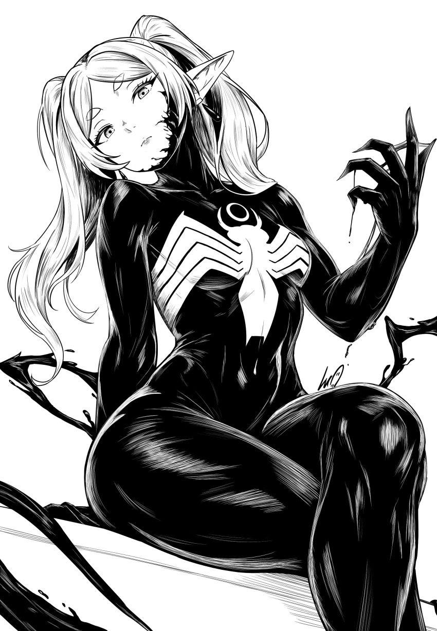 1girls, absurdres, arm support, black bodysuit, bodysuit, breasts, cosplay, crossed legs, crossover, earrings, eastern and western character, elf, expressionless, female, female only, frieren, greyscale, hand up, highres, hourglass figure, jewelry, long hair, long pointy ears, looking at viewer, lughost, marvel, monochrome, pointy ears, simple background, sitting, small breasts, solo, solo female, sousou no frieren, spider-man (series), symbiote, teardrop earrings, thick, thick eyebrows, thick thighs, thighs, twintails, venom (cosplay), venom (marvel), white background, wide hips