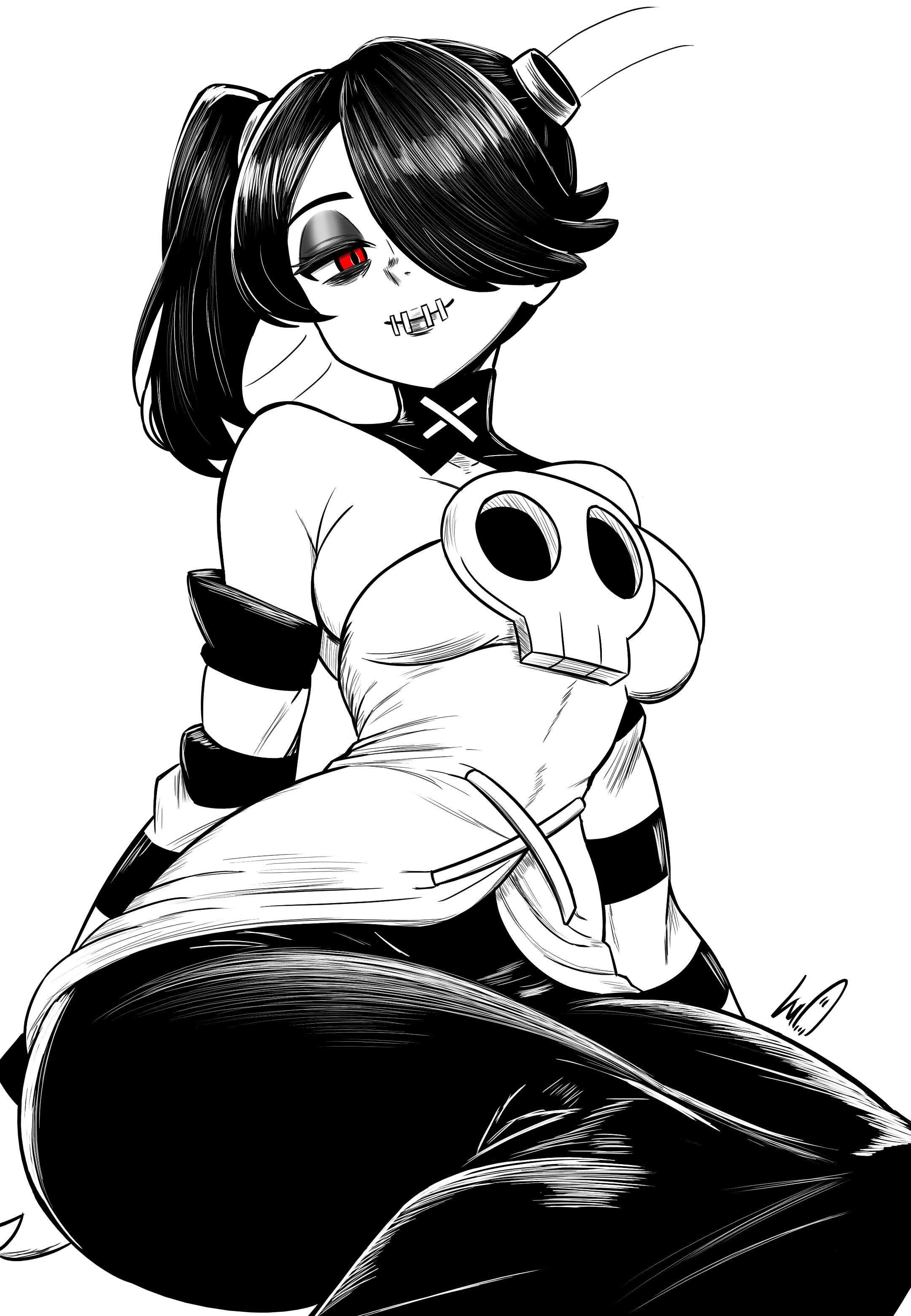 absurdres, breasts, commentary, detached collar, detached sleeves, eyeshadow, female, hair over one eye, half-closed eye, highres, leviathan (skullgirls), lips, long skirt, lughost, makeup, medium breasts, pear-shaped figure, side ponytail, signature, sitting, skirt, skullgirls, smile, solo, squigly, squigly (skullgirls), stitched mouth, stitches, striped sleeves, tube, wide hips