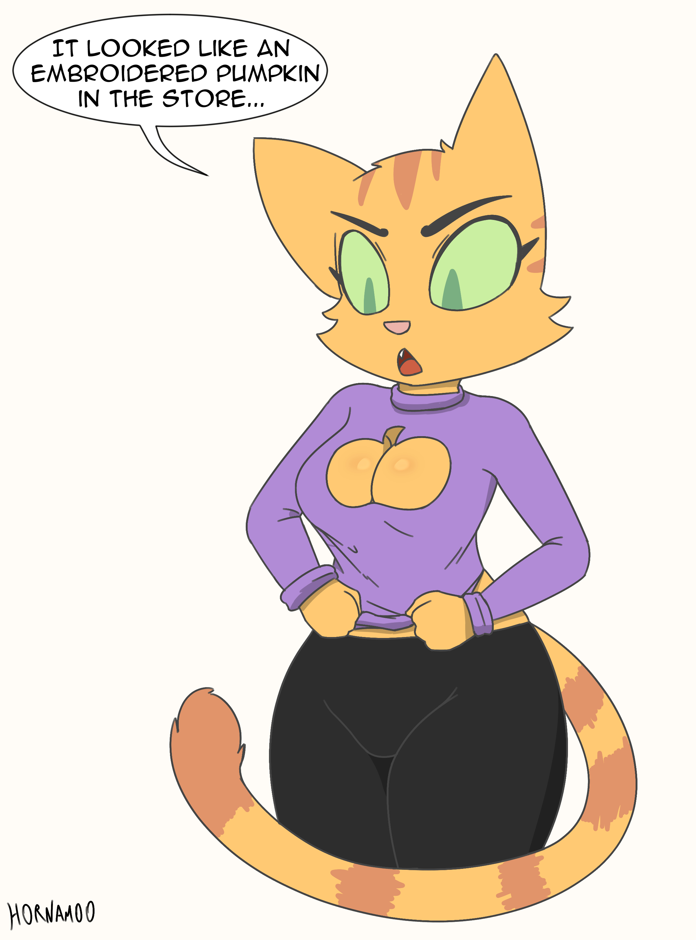 1girls, 2025, absurd res, anthro, arms bent, artist name, big breasts, big eyes, biped, black bottomwear, black clothing, black eyebrows, black pants, black text, bottomwear, breasts, cheek tuft, cleavage cutout, clothed, clothed anthro, clothed female, clothing, clothing pull, curvy figure, cutout, dialogue, digital drawing (artwork), digital media (artwork), domestic cat, ellipsis, english text, eyebrows, eyelashes, facial markings, facial tuft, fangs, felid, feline, felis, female, female only, fingers, fran (litterbox comics), frown, fully clothed, fully clothed anthro, fully clothed female, fur, fur tuft, glistening, glistening breasts, green eyes, green sclera, halloween, head markings, head tuft, hi res, holidays, hornamoo, humanoid hands, iris, legs together, light body, light fur, litterbox comics, long eyelashes, mammal, markings, mature, mature anthro, mature female, mature woman, milf, no pupils, open frown, open mouth, orange body, orange breasts, orange ears, orange fur, orange stripes, orange tail, pants, pink nose, pointy ears, portrait, prick ears, purple clothing, purple sweater, purple topwear, red tongue, simple background, solo, solo female, speech bubble, standing, striped body, striped face, striped fur, striped markings, striped tail, stripes, sweater, sweater pull, tabby cat, tail, tail markings, talking to self, teeth, text, thick thighs, three-quarter portrait, three-quarter view, tongue, topwear, topwear pull, tuft, webcomic, white background, white speech bubble, wide hipped anthro, wide hipped female, wide hips