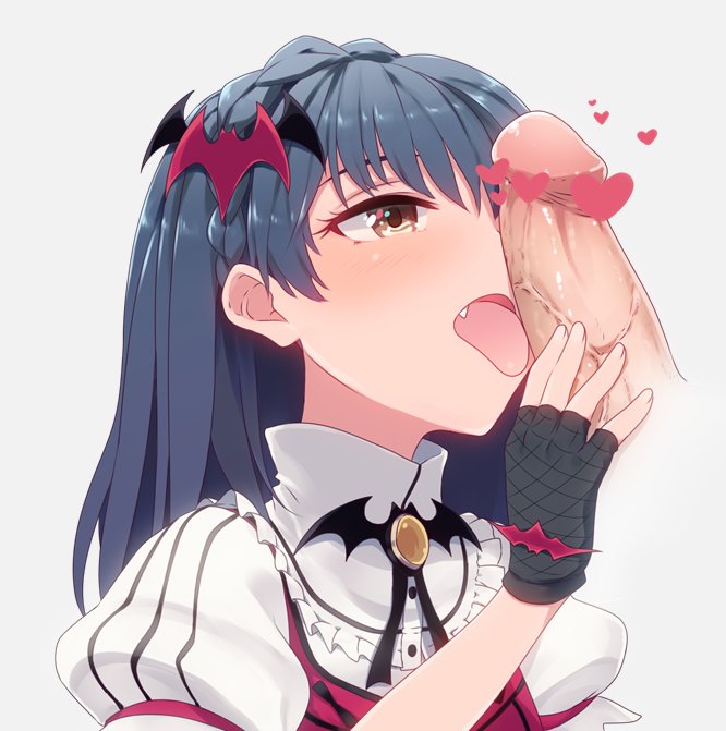 a_sterisk bat_hair_ornament blue_hair fingerless_gloves gloves hair_ornament idolmaster idolmaster_million_live! idolmaster_million_live!_theater_days licking_penis long_hair nanao_yuriko oerba_yun_fang open_mouth penis_lick penis_on_face tongue tongue_out upper_body