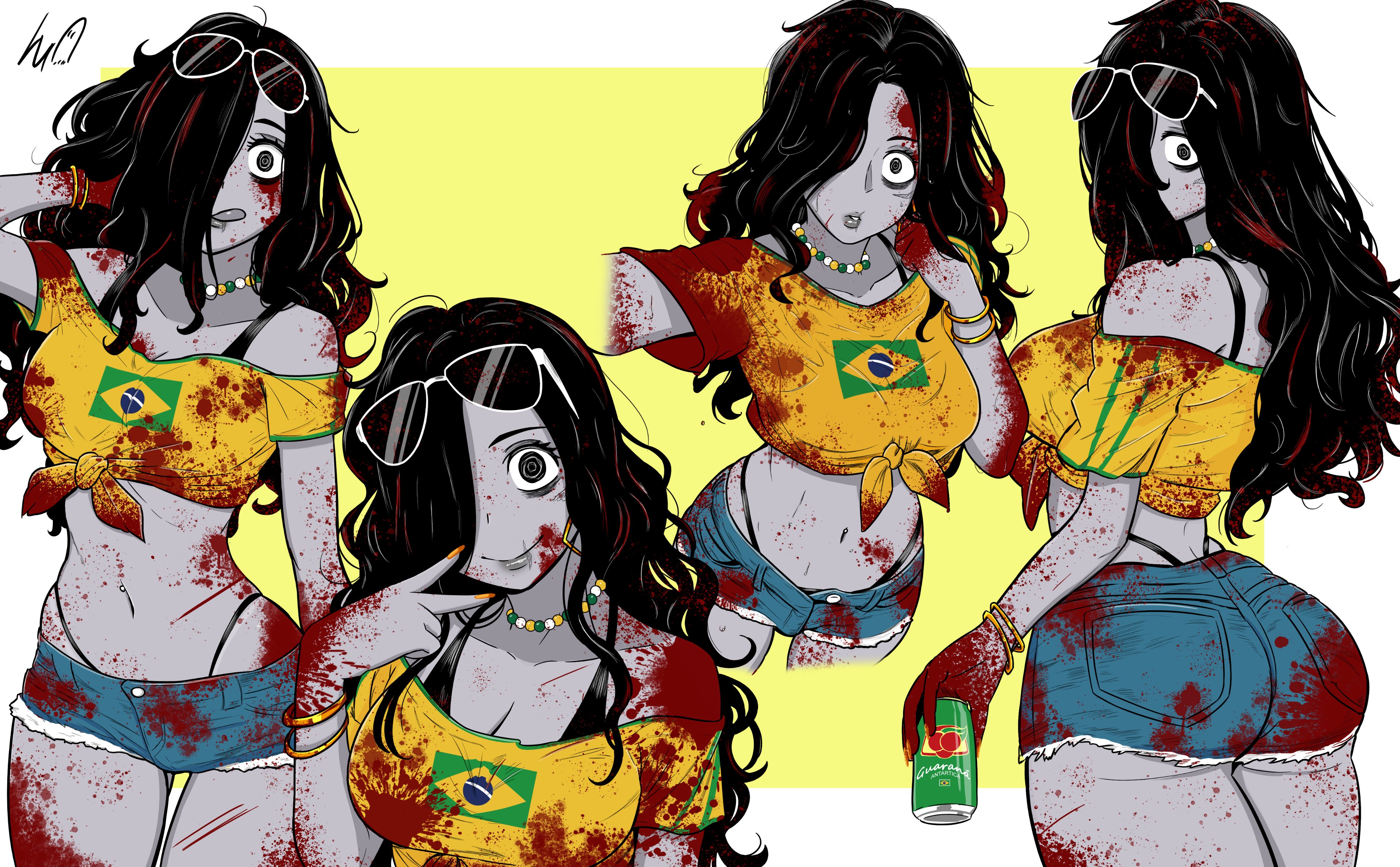 absurdres, alternate skin color, artist logo, ass, bags under eyes, bead necklace, beads, bikini, bikini under clothes, black bikini, black eyes, black hair, blood, blood on clothes, blood on face, border, bracelet, brazilian flag, brazilian flag print, brazilian miku (cosplay), brazilian sadako, breasts, can, colored skin, commentary, cosplay, cowboy shot, crop top, cropped legs, dead by daylight, denim, denim shorts, earrings, english commentary, eyewear on head, female, flag print, ghost, ghost girl, gold bracelet, gold earrings, green trim, grey skin, guarana antarctica, hair over one eye, highres, holding, holding can, jewelry, logo, long hair, lowleg, lowleg shorts, lughost, messy hair, midriff, multiple bracelets, multiple views, navel, navel piercing, necklace, pale skin, piercing, print shirt, ringed eyes, shirt, short shorts, shorts, signature, sunglasses, swimsuit, the ring, tied shirt, tongue, tongue out, vocaloid, white border, white-framed eyewear, yamamura sadako, yellow background, yellow shirt