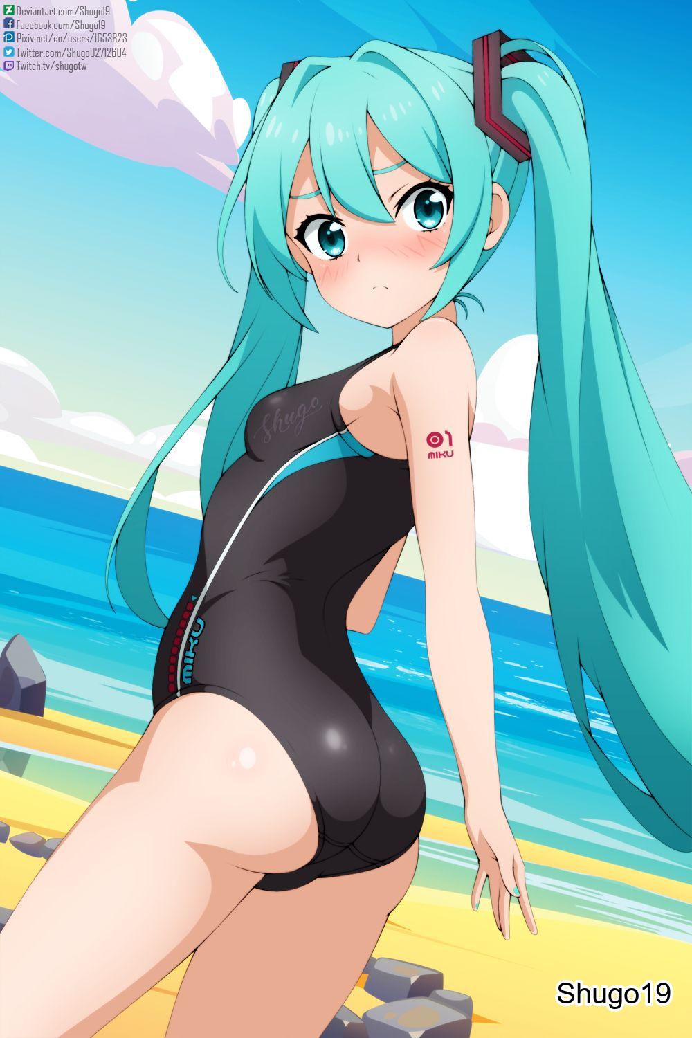 1girl, 1girls, 2d, 2d (artwork), 2d artwork, absurdly long hair, aqua eyes, aqua hair, artist name, asian, ass, ass cleavage, ass crack, bangs, bare arms, bare hands, bare legs, bare shoulders, bare skin, bare thighs, beach, bikini, black bikini, black one-piece swimsuit, black swimsuit, black swimwear, blue eyebrows, blue eyes, blue hair, blue sky, blue-eyed female, blue-haired female, blush, blush face, blushing at viewer, blushing female, blushing lines, breasts, butt, closed mouth, cloud, clouds, coast, competition swimsuit, cowboy shot, cute, cyan eyes, cyan hair, cyan-eyed female, cyan-haired female, day, daylight, daytime, digital, digital art, digital drawing, digital drawing (artwork), digital media, digital media (artwork), dot nose, dutch angle, embarrassed, embarrassed expression, embarrassed female, exposed arms, exposed legs, exposed shoulders, exposed skin, exposed thighs, female, female focus, female only, fingers, flustered, flustered female, fringe, from behind, frown, frown eyebrows, frowning, frowning at viewer, gluteal fold, hair between eyes, hair ornament, hatsune miku, head tilt, high resolution, highres, horizon, lean figure, long hair, long twintails, looking at viewer, looking back, looking back at viewer, nail polish, narrow waist, number tattoo, ocean, one-piece swimsuit, outdoor, outdoors, outside, petite, petite body, petite breasts, petite female, petite girl, petite tits, sand, sea, seaside, shoulders, shugo19, shy, sideboob, skinny, sky, slender body, slender waist, slim, slim waist, small ass, small breasts, solo, standing, swimsuit, swimwear, tattoo, teenager, thighs, tilted head, twintails, twintails (hairstyle), upper body, very long hair, very long hair female, vocaloid, water, wide hips, young