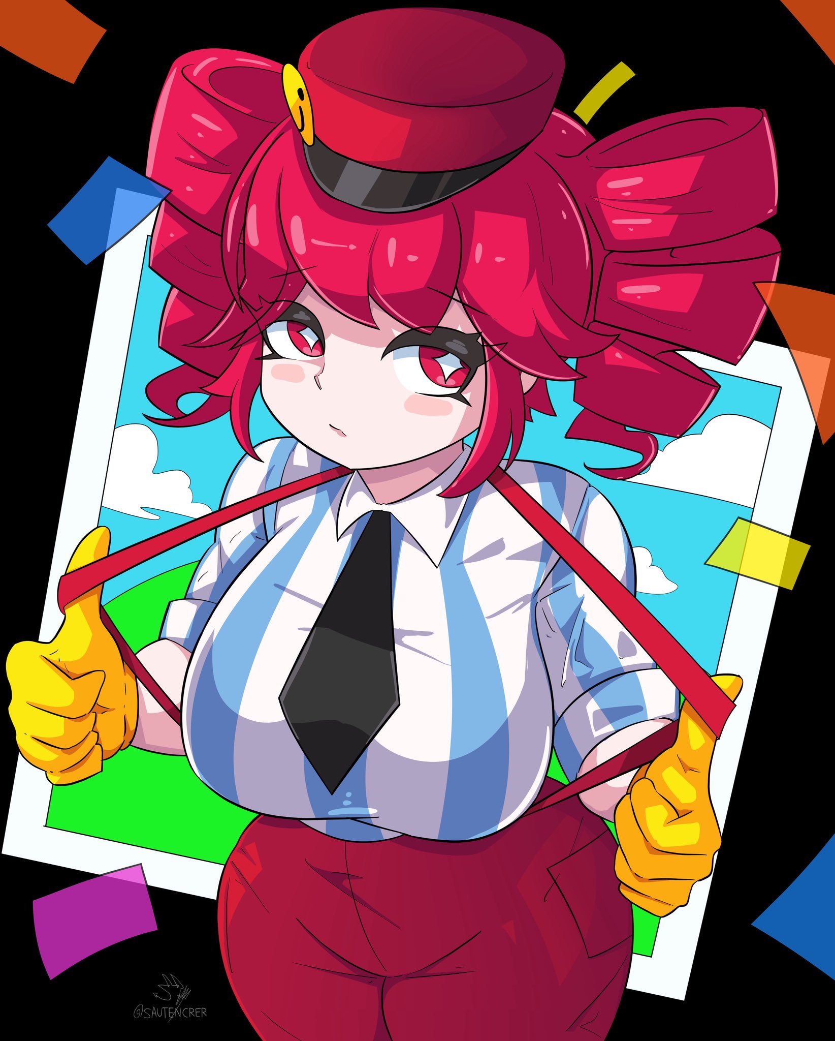 1girls, 2d, 2d (artwork), artist name, big breasts, big thighs, blouse, blush, breasts, breasts bigger than head, breasts focus, clothed, clothed female, clothing, curvaceous, curvy, curvy female, curvy figure, eyelashes, fat breasts, fat thighs, female, female only, fully clothed, gloves, hat, high waisted pants, high-angle view, high-waist pants, hips wider than shoulders, hourglass figure, huge breasts, huge thighs, kasane teto, kasane teto (sv), large breasts, large thighs, lips, mesmerizer (vocaloid), mesmerizer teto, mv character, necktie, pants, plump, plump breasts, plump thighs, red eyes, red hair, sautencrer, shirt, simple background, solo, solo female, sparkling eyes, striped shirt, suspenders, synthesizer v, thick thighs, thighs, tight clothing, tight pants, tight shirt, twin drills, utau, voluptuous, voluptuous female, wide hips