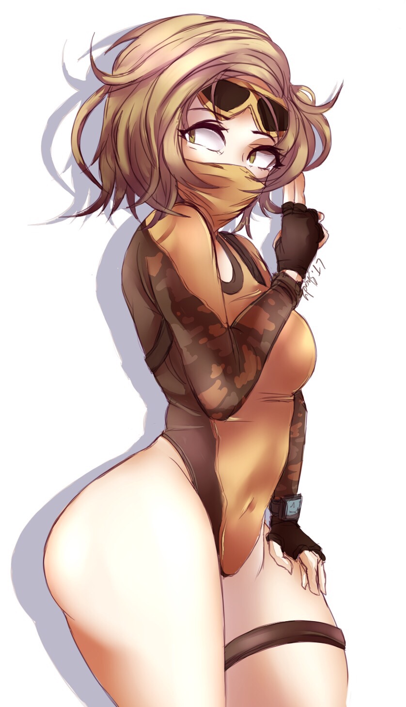 1girls, blonde hair, camo, eyewear on head, female, fortnite, glasses, gloves, highres, itshady, leotard, mask, scorpion (fortnite), tagme, watch