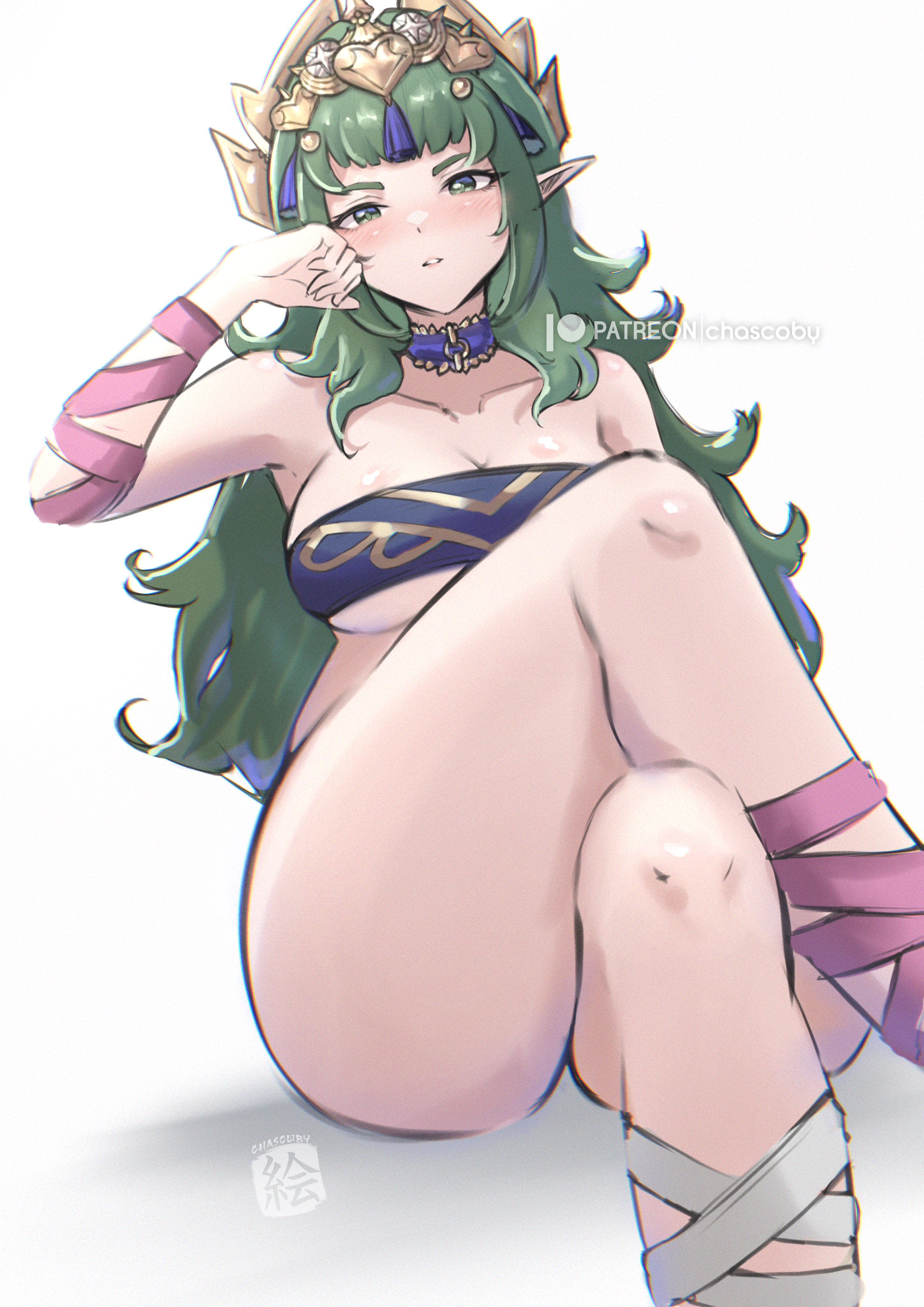 1girls, absurd res, alluring, arm wrap, bandeau, big breasts, blush, chascoby, choker, cleavage, collarbone, crop top, crossed legs, fire emblem, fire emblem: fortune's weave, green eyes, green hair, hair ornament, head rest, headpiece, high res, intelligent systems, leg wrap, long hair, looking at viewer, nintendo, parted lips, pink ribbon, pointy ears, purple bandeau, purple choker, ribbon, simple background, sitting, sothis (adult) (fire emblem), sothis (fire emblem), tassel, tassel hair ornament, thighs, tiara, white background, white ribbon