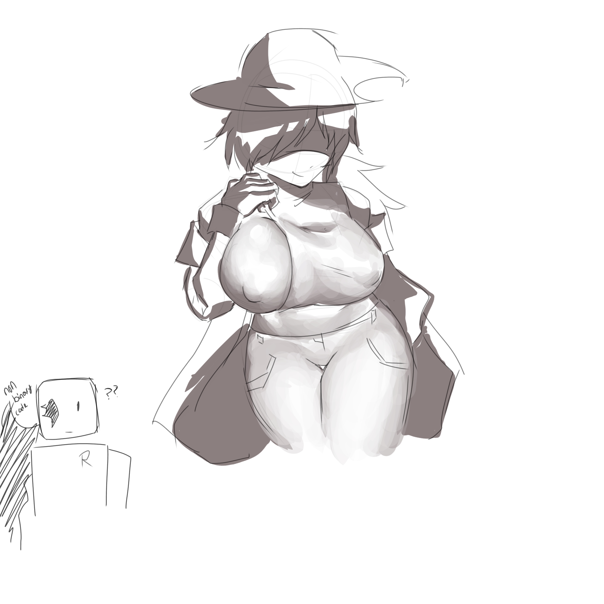 1boy, 1girls, big breasts, breasts, clothed, clothed female, female, female focus, forsaken (roblox), jane doe (forsaken), jane doe (roblox), john doe (forsaken), john doe (roblox), lornan1hater, nipple bulge, roblox, roblox game, robloxian, self upload, sketch, tagme, thick thighs, thighs, uncolored
