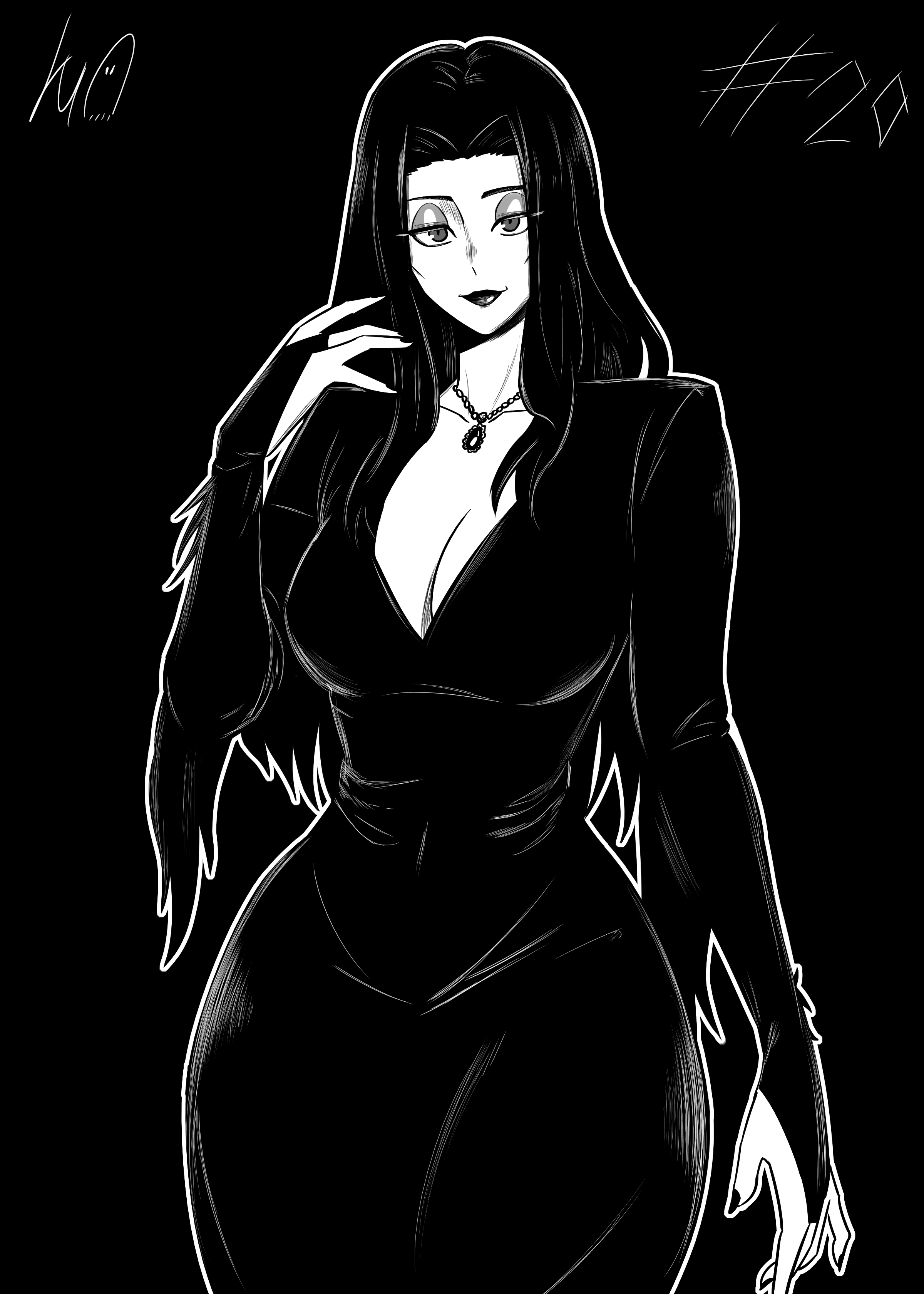 absurdres, breasts, bridal gauntlets, cheekbones, cleavage, commentary, cowboy shot, female, goth, goth girl, goth mommy, gothic, gothic girl, greyscale, highres, large breasts, lipstick, long hair, lughost, makeup, mature female, monochrome, morticia addams, nail polish, narrow waist, signature, solo, the addams family, thick thighs, thighs, wide hips