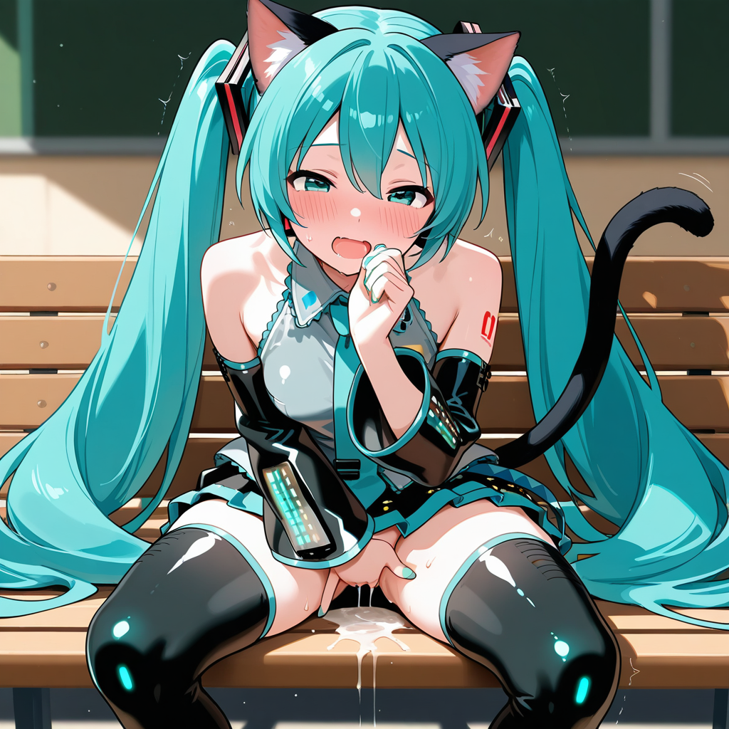 1girl, 1girls, ai generated, animal ears, aqua eyes, aqua hair, aqua nails, aqua necktie, asian, bangs, bare shoulders, bench, black skirt, black thighhighs, blue hair, blush, breasts, cat ears, cat girl, cat tail, catgirl, cum, cute, detached sleeves, female, female masturbation, female only, fingering, fingering self, foxheart259, fringe, hair between eyes, hatsune miku, long hair, long twintails, looking at viewer, masturbation, miniskirt, nail polish, necktie, open mouth, orgasm, outdoors, outside, petite, petplay, pleated skirt, public masturbation, pussy juice, roleplay, shirt, sitting, skinny, skirt, sleeveless, slim, solo, solo female, spread legs, squirting, tail, tattoo, teenager, thighhighs, twintails, vaginal fluids, vaginal juices, vaginal masturbation, very long hair, vocaloid