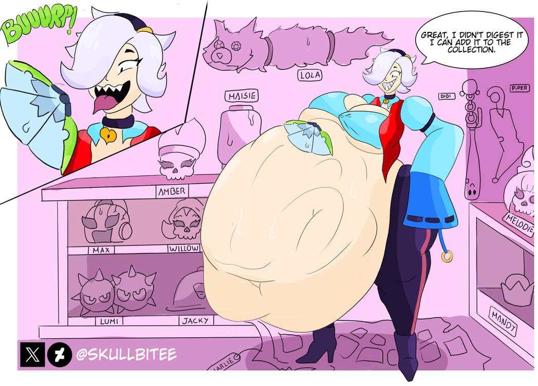 ass, bones, brawl stars, burp, burping, colette (brawl stars), collection, digestion, fat ass, gigantic belly, hd, hyper, hyper belly, predator/prey, satisfied, sharp teeth, skull, skullbitee, smiling, struggling prey, vore, vore belly, weight gain, white hair, wide hips