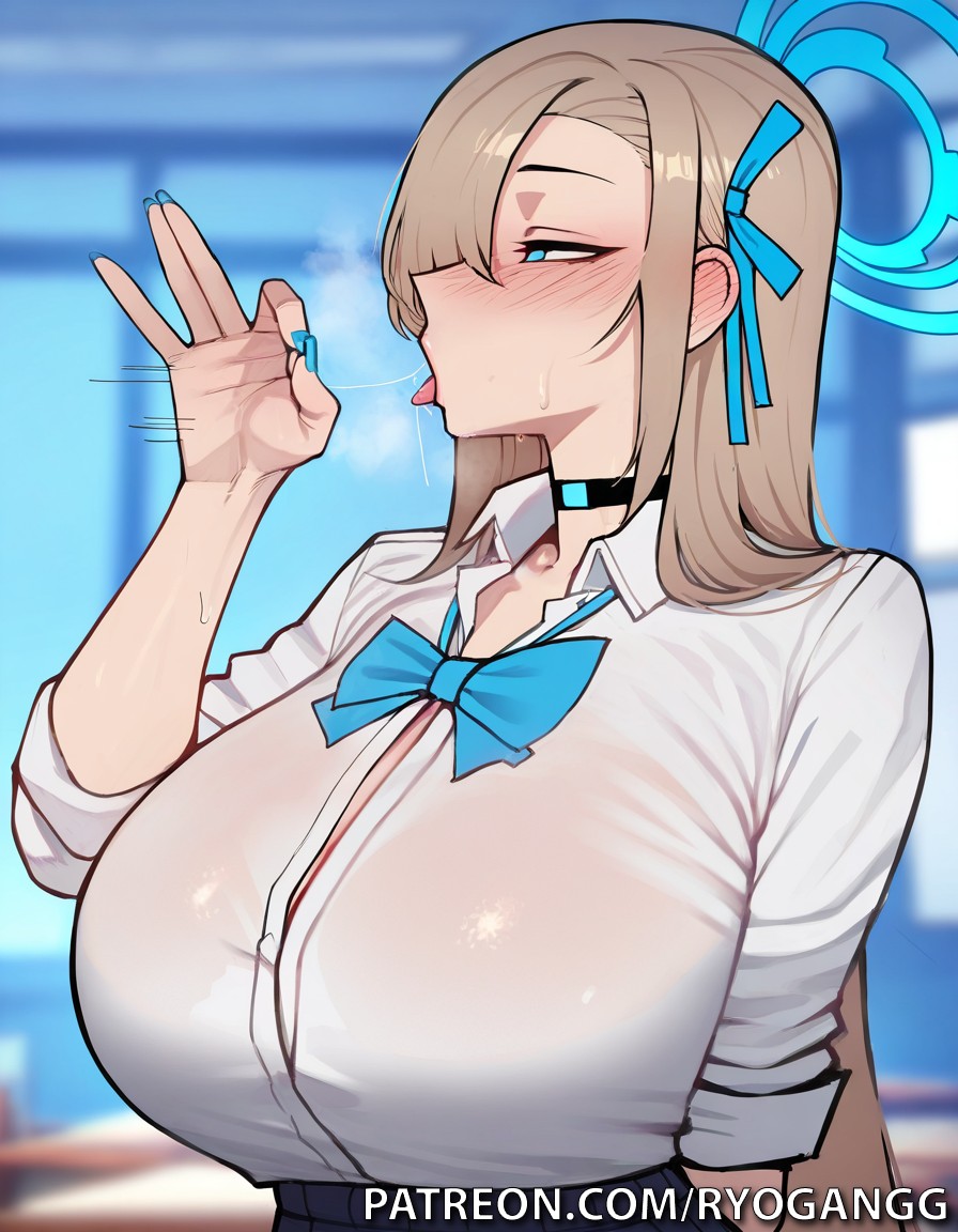 1female, 1girls, 2d, 2d (artwork), ai generated, alternate breast size, anime style, asuna (blue archive), big breasts, blonde hair, blowjob, blowjob gesture, blue archive, blue bow, blue eyes, blue ribbon, female, hair accessory, hair ribbon, high resolution, highres, large breasts, long hair, patreon, patreon username, pleated skirt, ryogangg, school uniform, white shirt