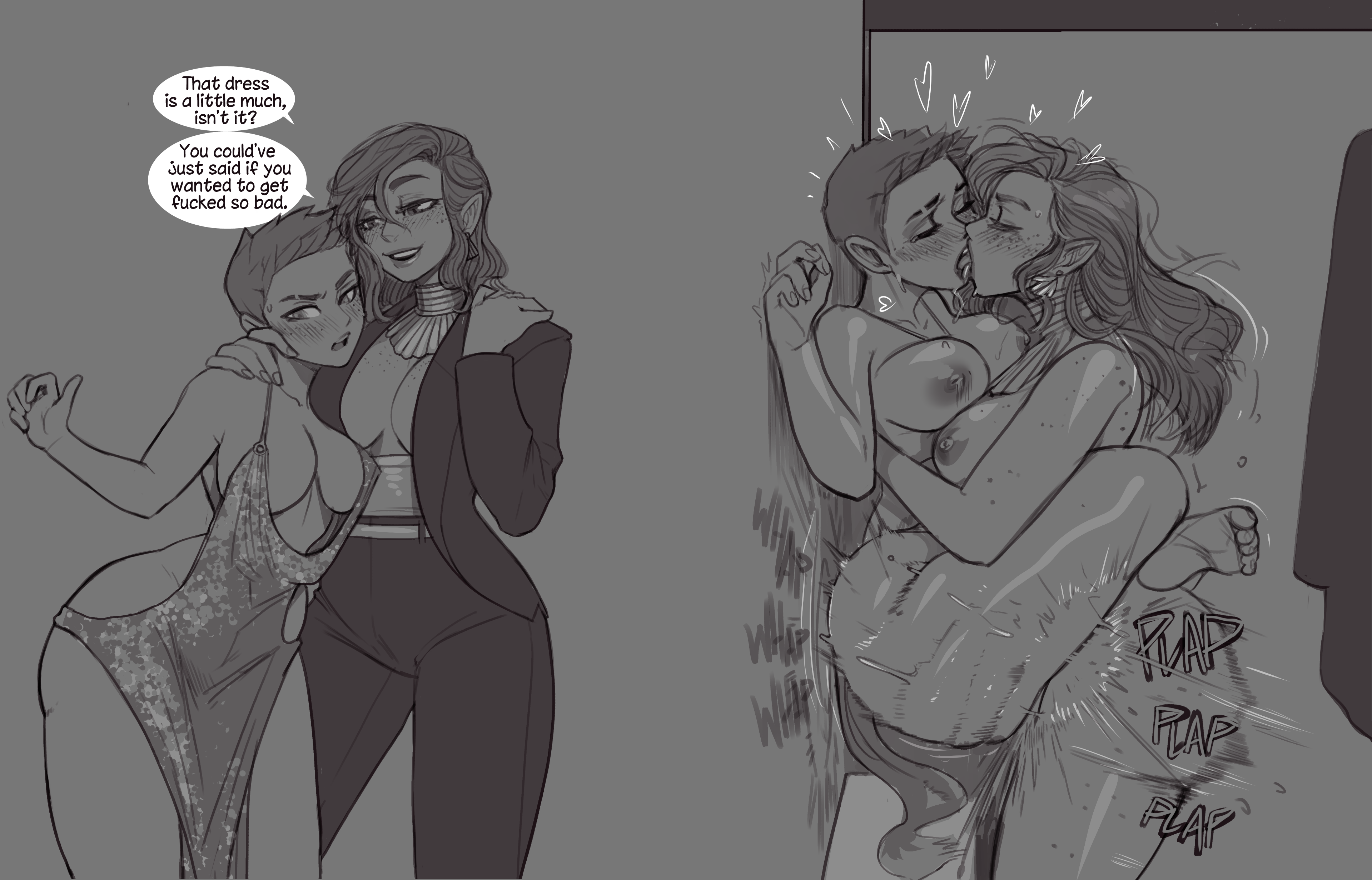 1futa, 1girls, 2024, areolae, ass, ass ripple, backless dress, backless outfit, blush lines, breasts, clariarikari, cleavage, dress, earrings, english text, female, freckles, freckles on face, futa on female, futanari, genital fluids, hand around neck, hearts around head, impact lines, kissing, medium breasts, monochrome, necklace, nipples, original characters, pierced ears, plap, pointed ears, short hair, suit, thick ass, thick thighs, thighs, vaginal penetration, vaginal sex