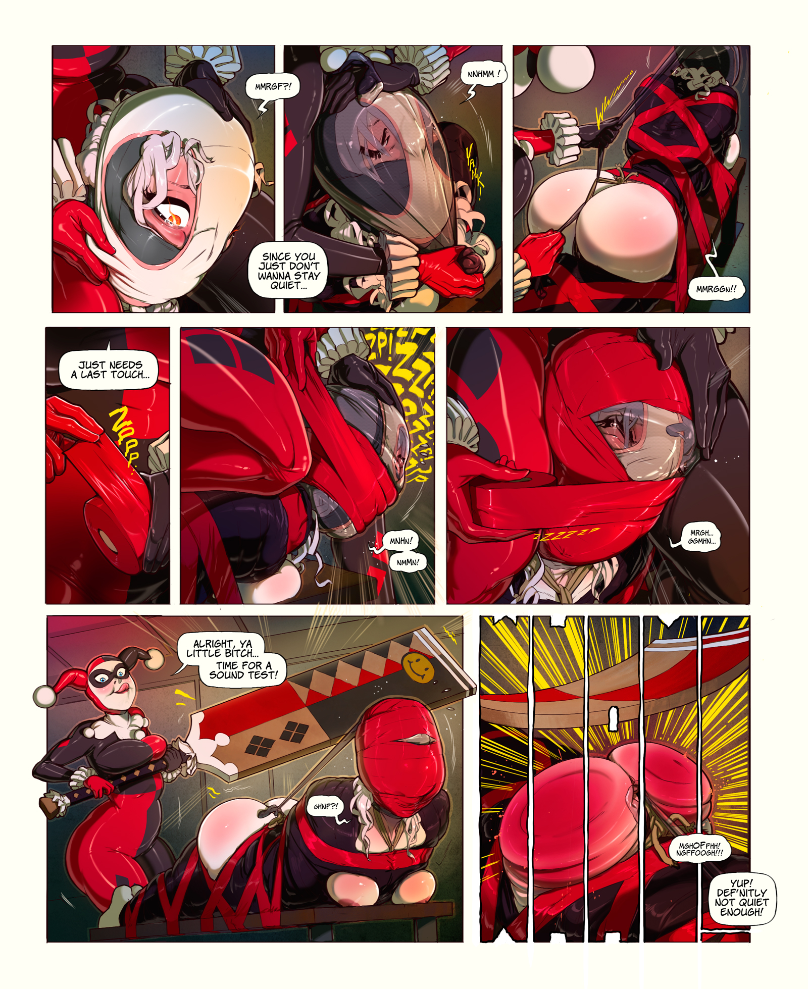 areolae, batman (series), bdsm, blindfold, bondage, bound, breasts, comic, dc, dc comics, elijah pink, female, female only, femdom, femsub, gag, gagged, harley quinn, harley quinn (classic), judith (whippedz), original character, panties, red ass, rope, rope bondage, spanking, speech bubble, tape, tape bondage, tape gag, text, yuri