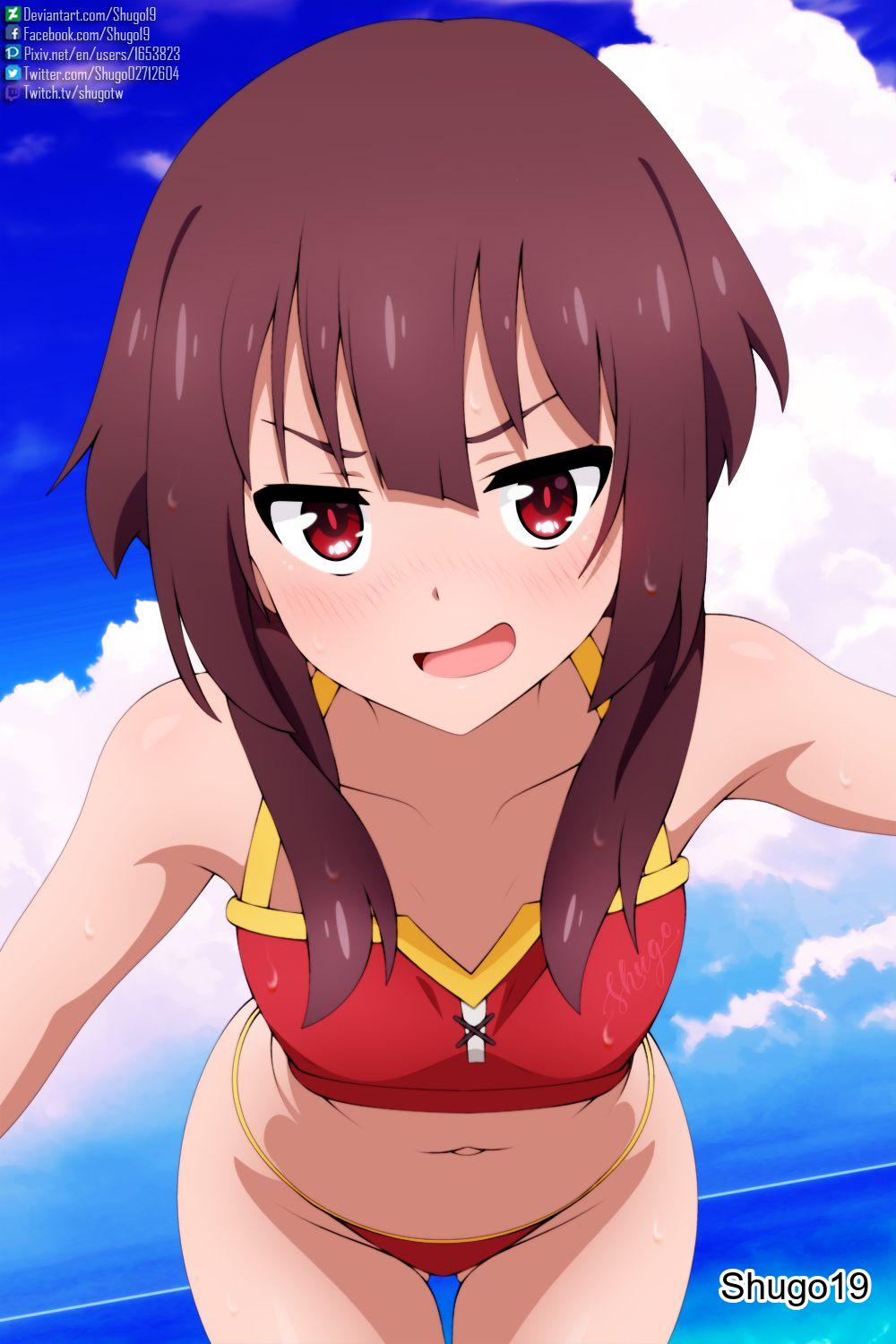 1girls, 2d, 2d (artwork), 2d artwork, ass visible through thighs, bare armpits, bare arms, bare belly, bare hands, bare hips, bare legs, bare midriff, bare navel, bare shoulders, bare skin, bare thighs, belly, belly button, bikini, bikini bottom, bikini only, bikini top, blue sky, blush, blush face, blushing at viewer, blushing female, blushing lines, breasts, brown eyebrows, brown hair, brown-haired female, clouds, collarbone, curvaceous, curvaceous body, curvaceous female, curvaceous figure, curvaceous hips, curvaceous teen, curvy, curvy body, curvy female, curvy figure, curvy hips, curvy teen, day, daylight, daytime, digital, digital art, digital drawing, digital drawing (artwork), digital media, digital media (artwork), exposed armpits, exposed arms, exposed belly, exposed hips, exposed legs, exposed midriff, exposed navel, exposed shoulders, exposed skin, exposed thighs, female, female focus, female only, flat belly, flat breasts, flat chest, flat chested, frown, frown eyebrows, frowning, frowning at viewer, groin, hair between eyes, halterneck, high resolution, highres, horizon, hourglass figure, inguinal crease, inguinal ligament, kono subarashii sekai ni shukufuku wo!, lean figure, leaning, leaning forward, long hair, looking at viewer, megumin, midriff, narrow waist, navel, ocean, open mouth, open mouth smile, outdoor, outdoors, outside, parted lips, petite, petite body, petite breasts, petite female, petite girl, petite tits, red bikini, red bikini bottom, red bikini top, red eyes, red string bikini, red swimsuit, red swimwear, red-eyed female, sea, seaside, shoulders, shugo19, sidelocks, sky, slender body, slender waist, slim waist, small breasts, smile, smiley face, smiling, smiling at viewer, smooth chest, smug, smug expression, smug eyes, smug face, smug grin, smug smile, solo, standing, string bikini, swimsuit, swimwear, thick thighs, thigh gap, thighs, tongue, upper body, wide hips