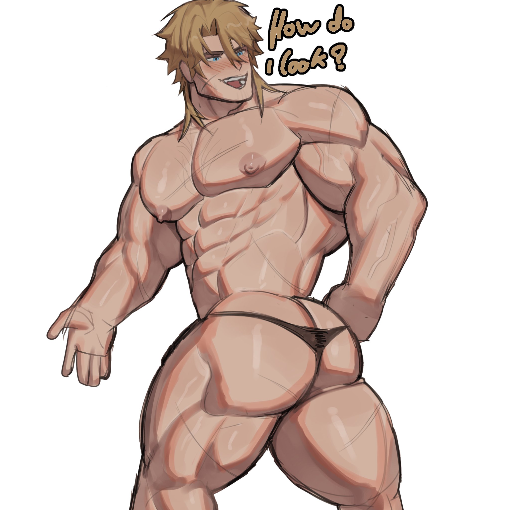 1boy, abs, apzapuru, asking a question, asking viewer, back view, bara, bara ass, big ass, big muscles, black thong, blonde hair, blue eyes, gay, gay male, genshin impact, human, human male, human only, light skin, light-skinned male, male only, muscular, muscular ass, muscular back, muscular male, muscular thighs, pecs, pectorals, posing, posing for the viewer, showing ass, showing off, showing off ass, six pack, solo, solo male, thick ass, thick thighs, thong, thong only, varka (genshin impact), white background, yaoi