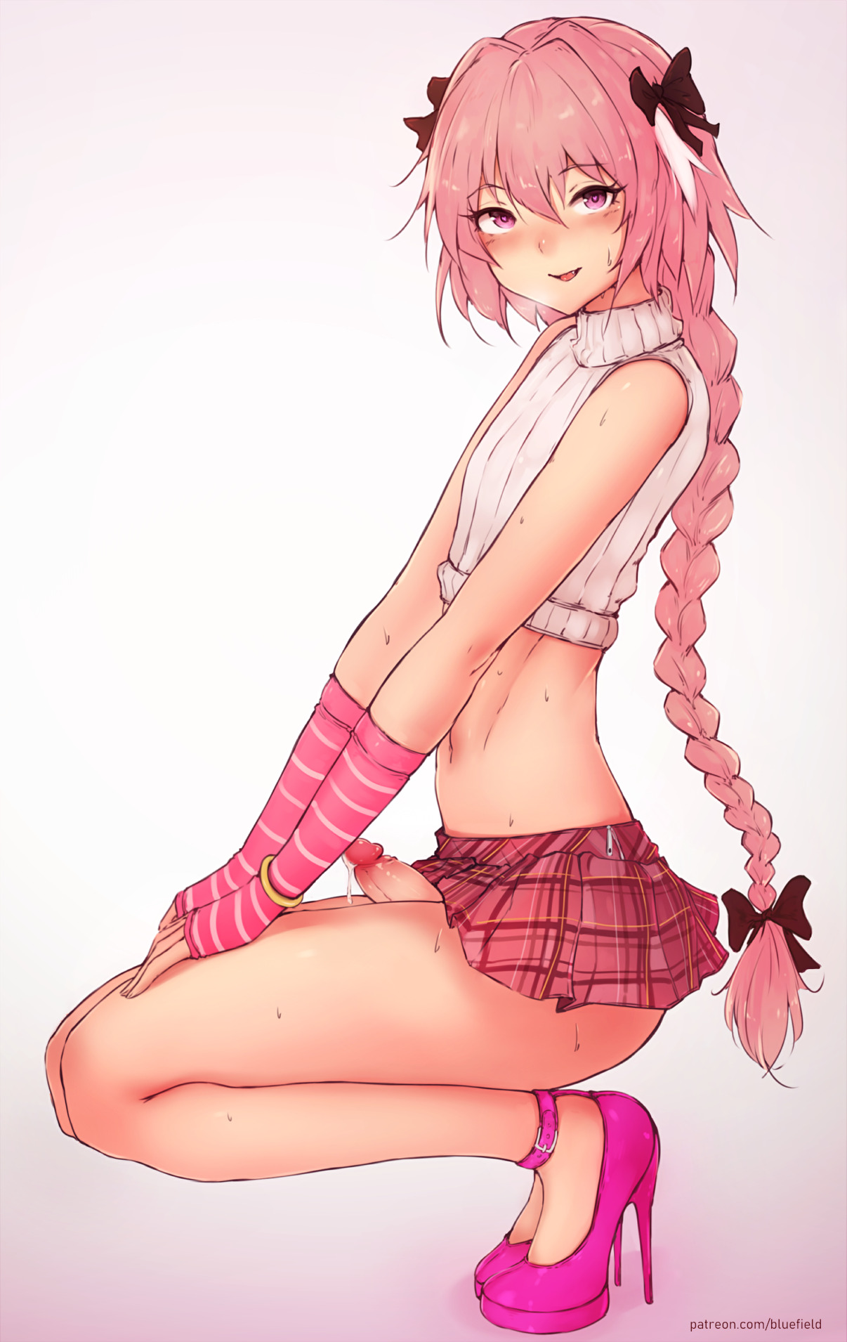 1boy, astolfo (fate), bluefield, cum, erection, fate (series), femboy, girly, high heels, highheels, long hair, looking at viewer, male, male only, penis, pink hair, presenting, skirt, solo, squatting, trap