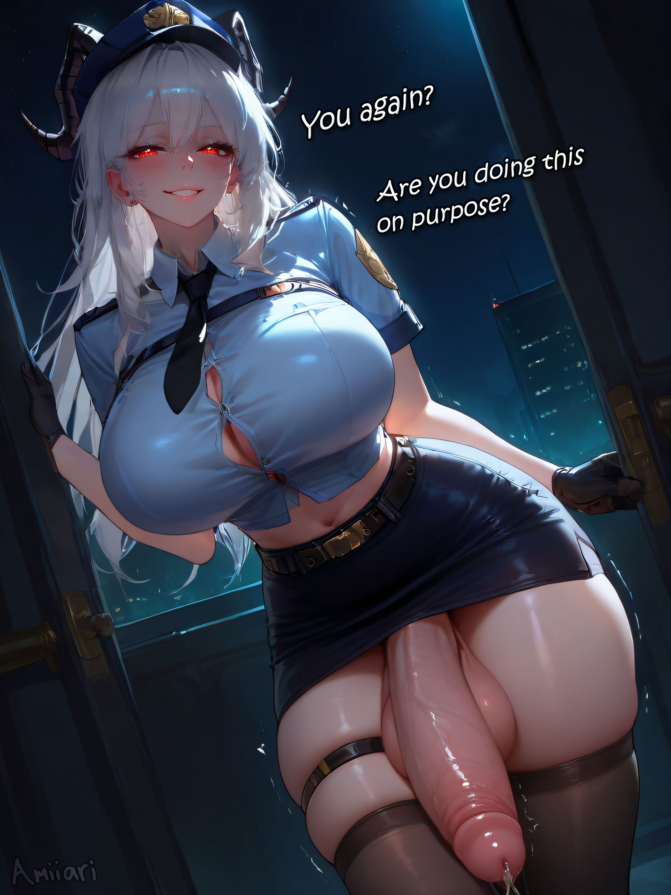 1futa, absurd res, ai generated, amiiari, ass bigger than head, bangs, big breasts, big penis, black gloves, black horn, black necktie, black thighhighs, bursting breasts, caption, city, cityscape, dark lighting, demon, demon girl, demon horns, detailed, dickgirl, door, doorway, dripping, erection, futa only, futanari, hair between eyes, highres, horns, huge breasts, in doorway, intersex, large penis, long penis, massive penis, midriff, night, night sky, opening door, pencil skirt, penis, penis to the knees, police, police hat, police officer, police uniform, policewoman, precum, precum drip, precum string, red eyes, seductive smile, skindentation, skyline, solo futa, text, thick thighs, thigh strap, thighhighs, tight shirt, voluptuous, white hair, wide hips, wuthering waves, zani (wuthering waves)